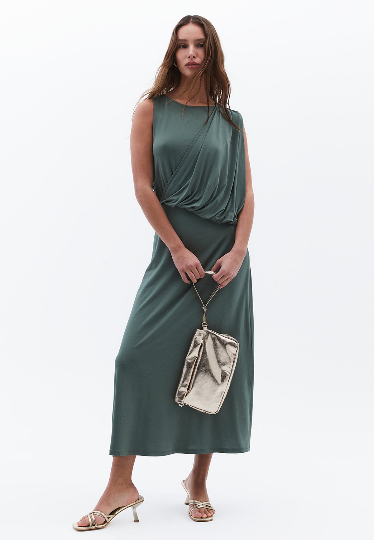 Long Gathered Boat Neck Dress - LAUREL WREATH