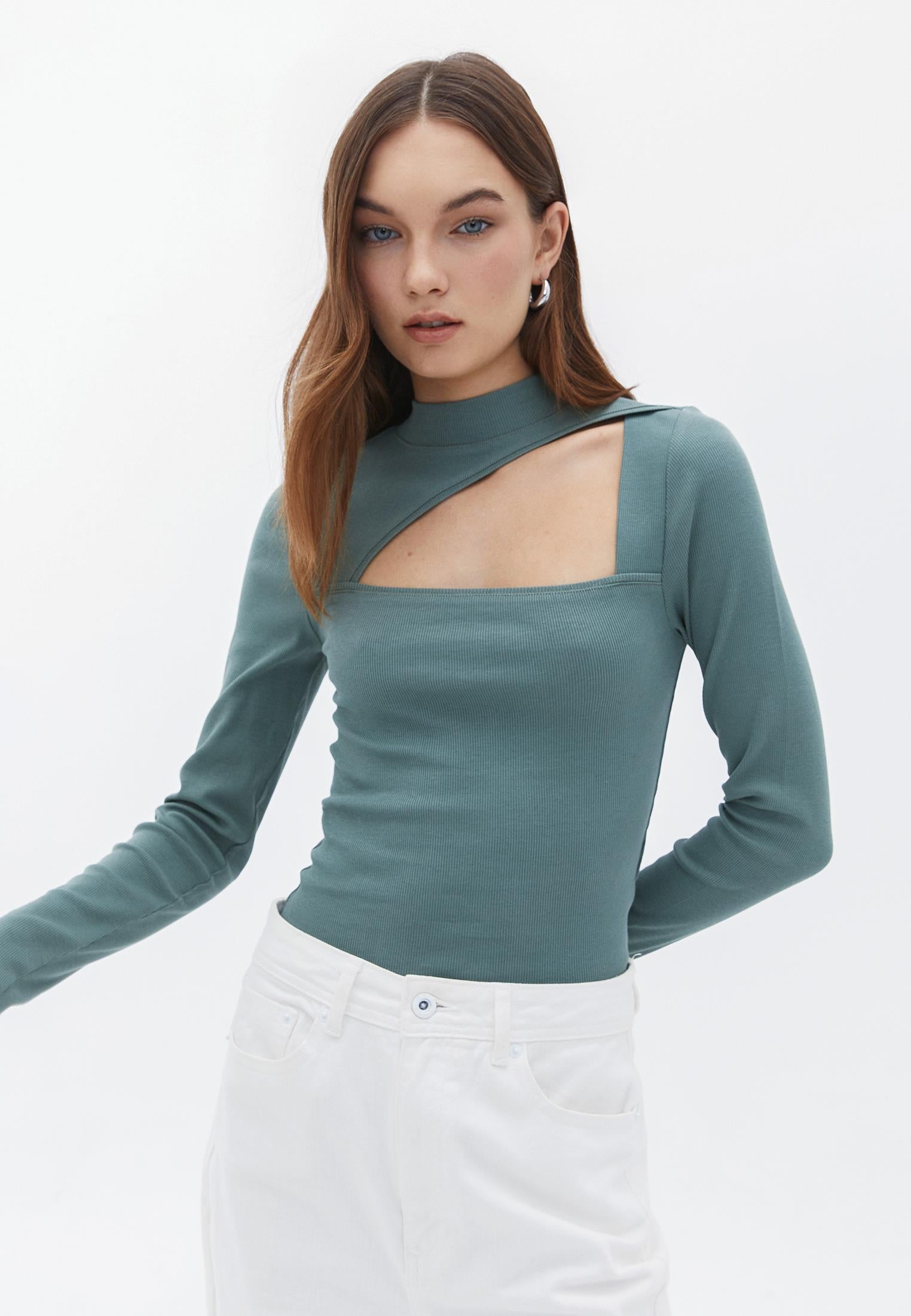 High Neck Long Sleeve Bodycon T-Shirt - LAUREL WREATH