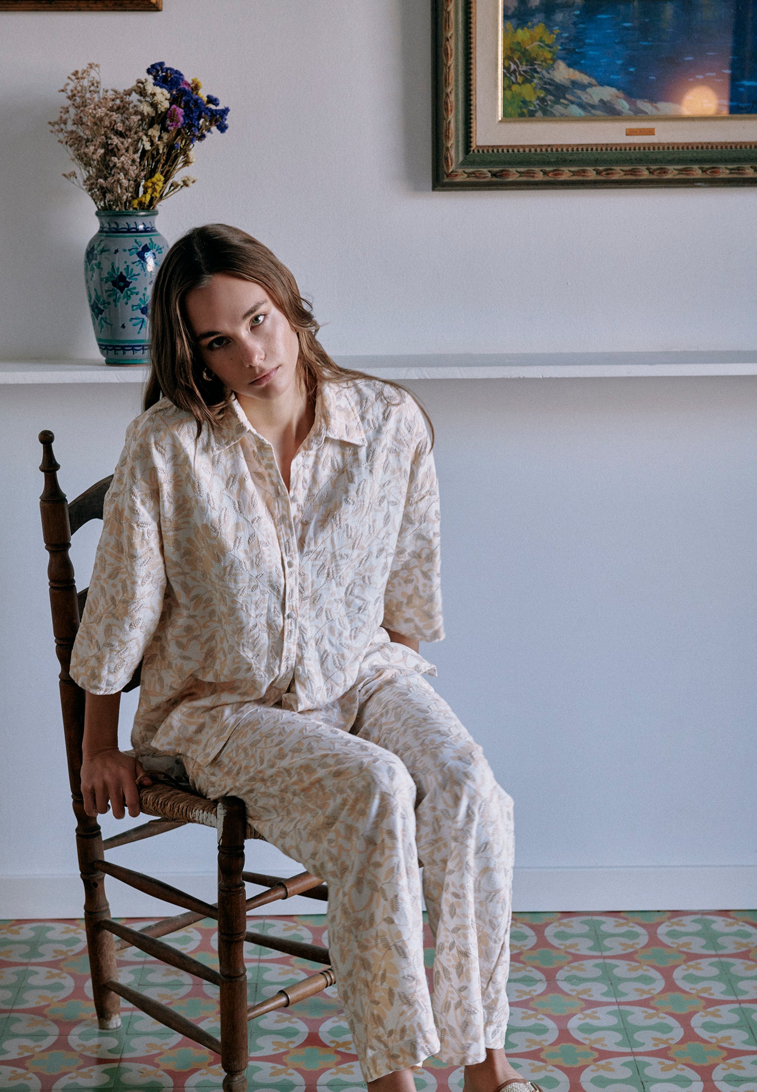 Embroidered Buttoned Oversize Shirt - LEAF COMB