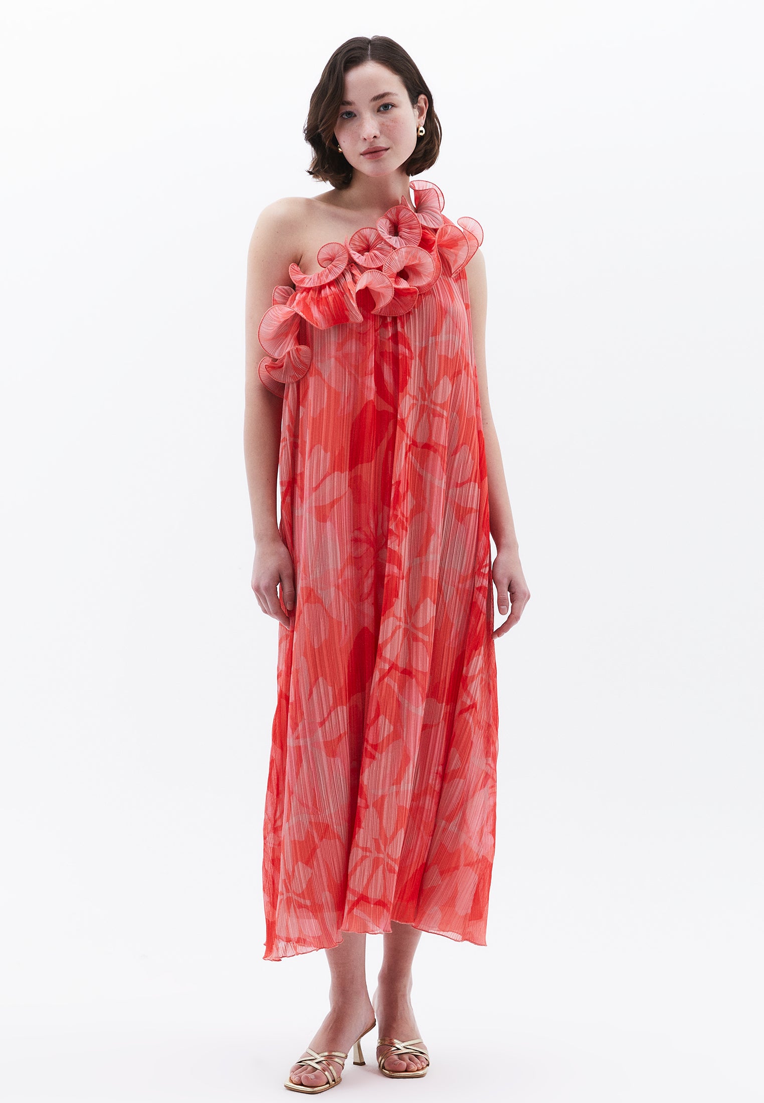 Flared One Shoulder Long Dress With Pleated And Ruffle Details - LEAF COMB