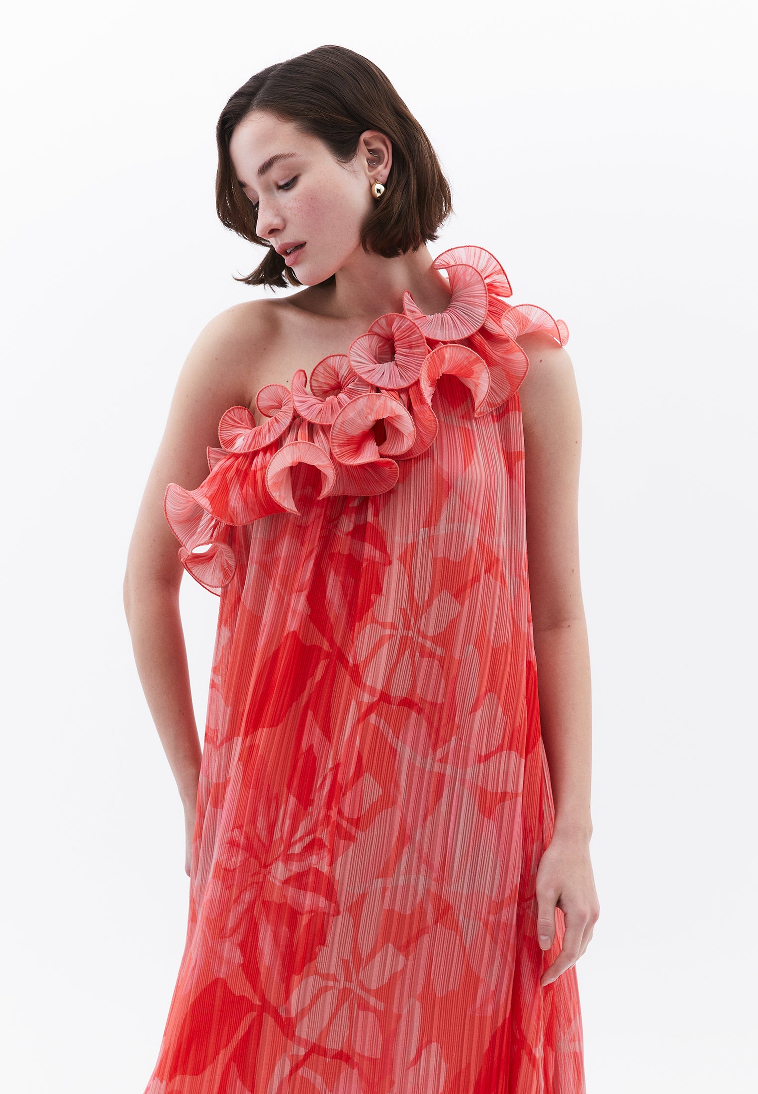 Flared One Shoulder Long Dress With Pleated And Ruffle Details - LEAF COMB