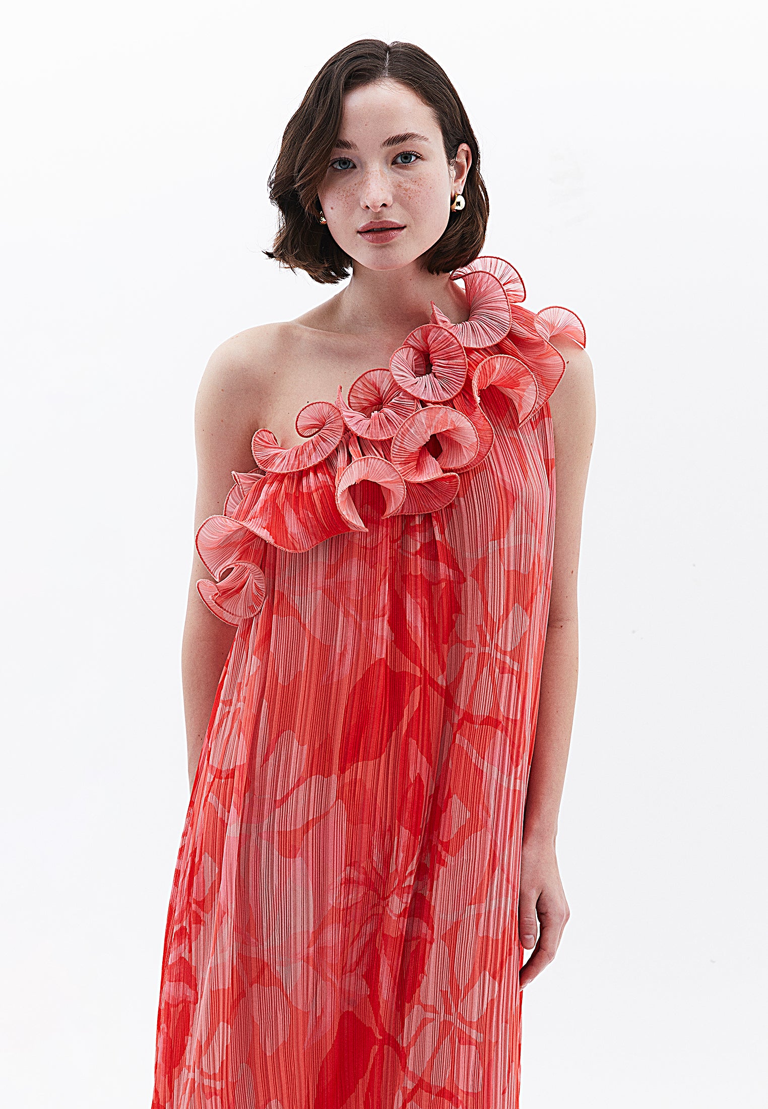 Flared One Shoulder Long Dress With Pleated And Ruffle Details - LEAF COMB
