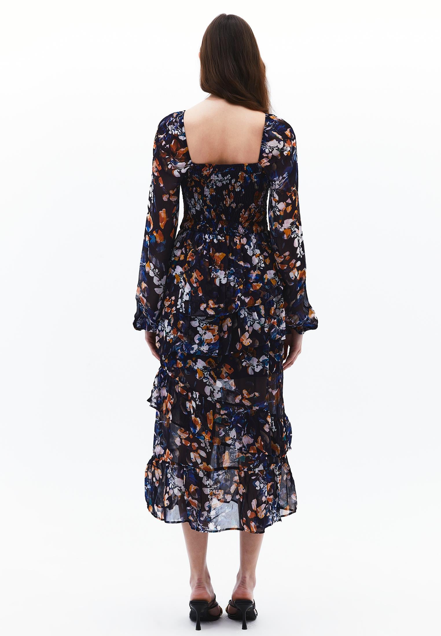 Square Neck Balloon Sleeve Long Dress - LEAF COMB