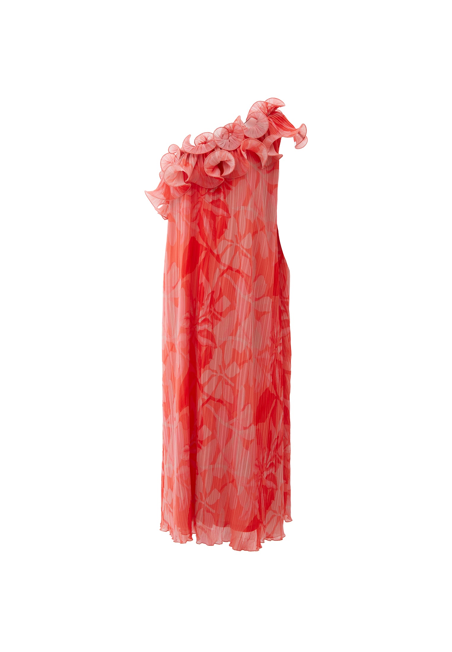 Flared One Shoulder Long Dress With Pleated And Ruffle Details - LEAF COMB