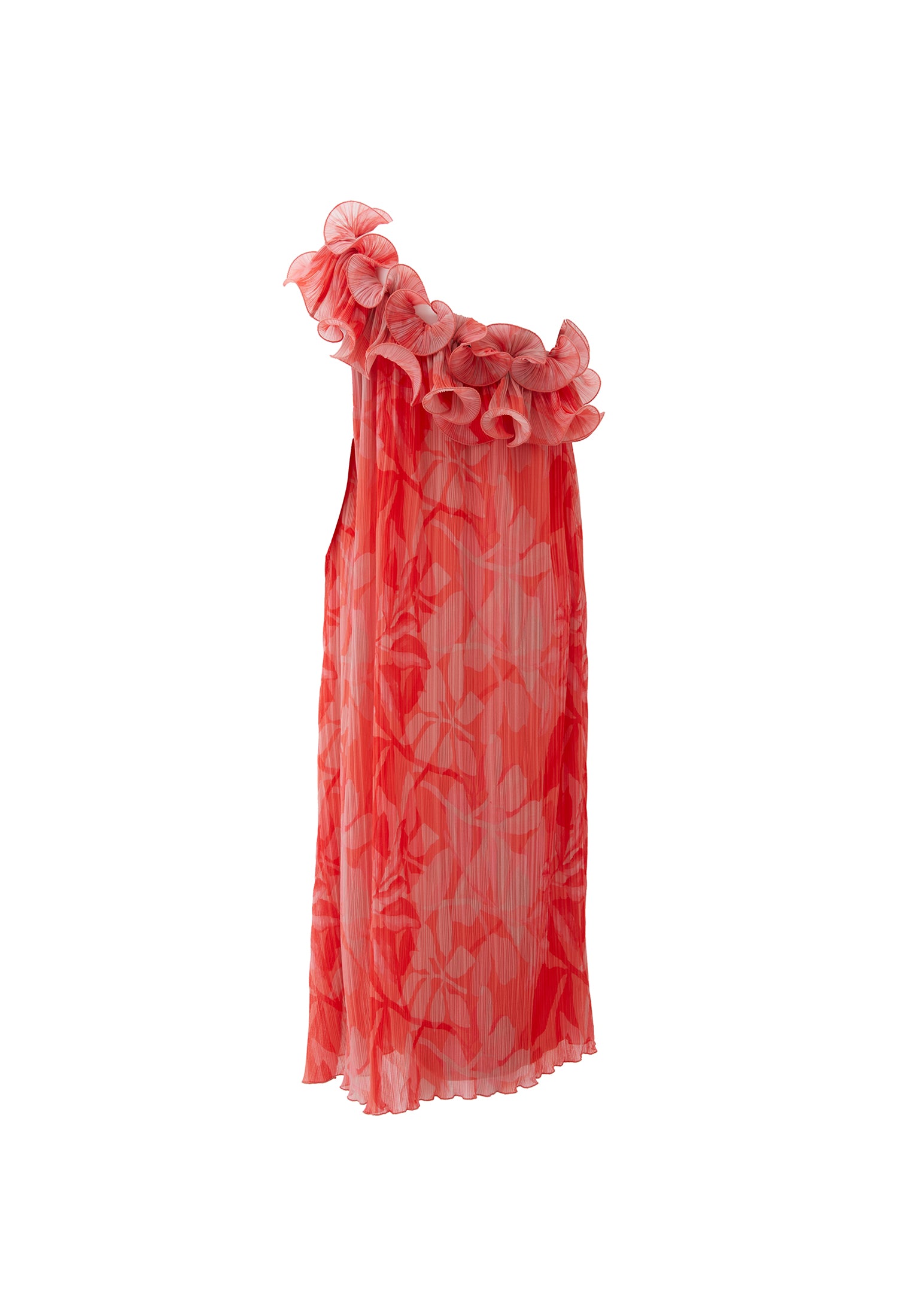 Flared One Shoulder Long Dress With Pleated And Ruffle Details - LEAF COMB