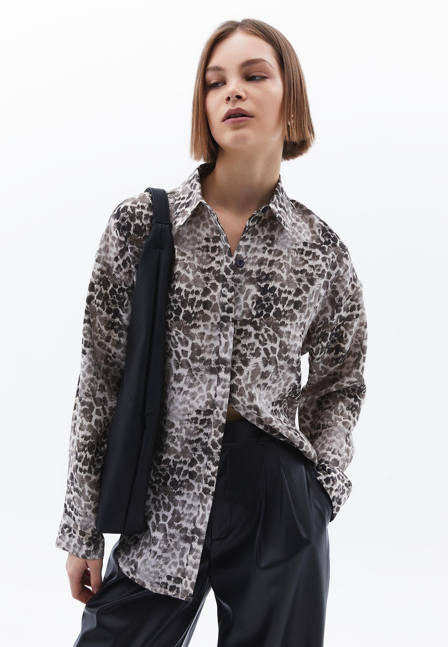 Animal Pattern Button Detailed Oversize Shirt - LEO COMB