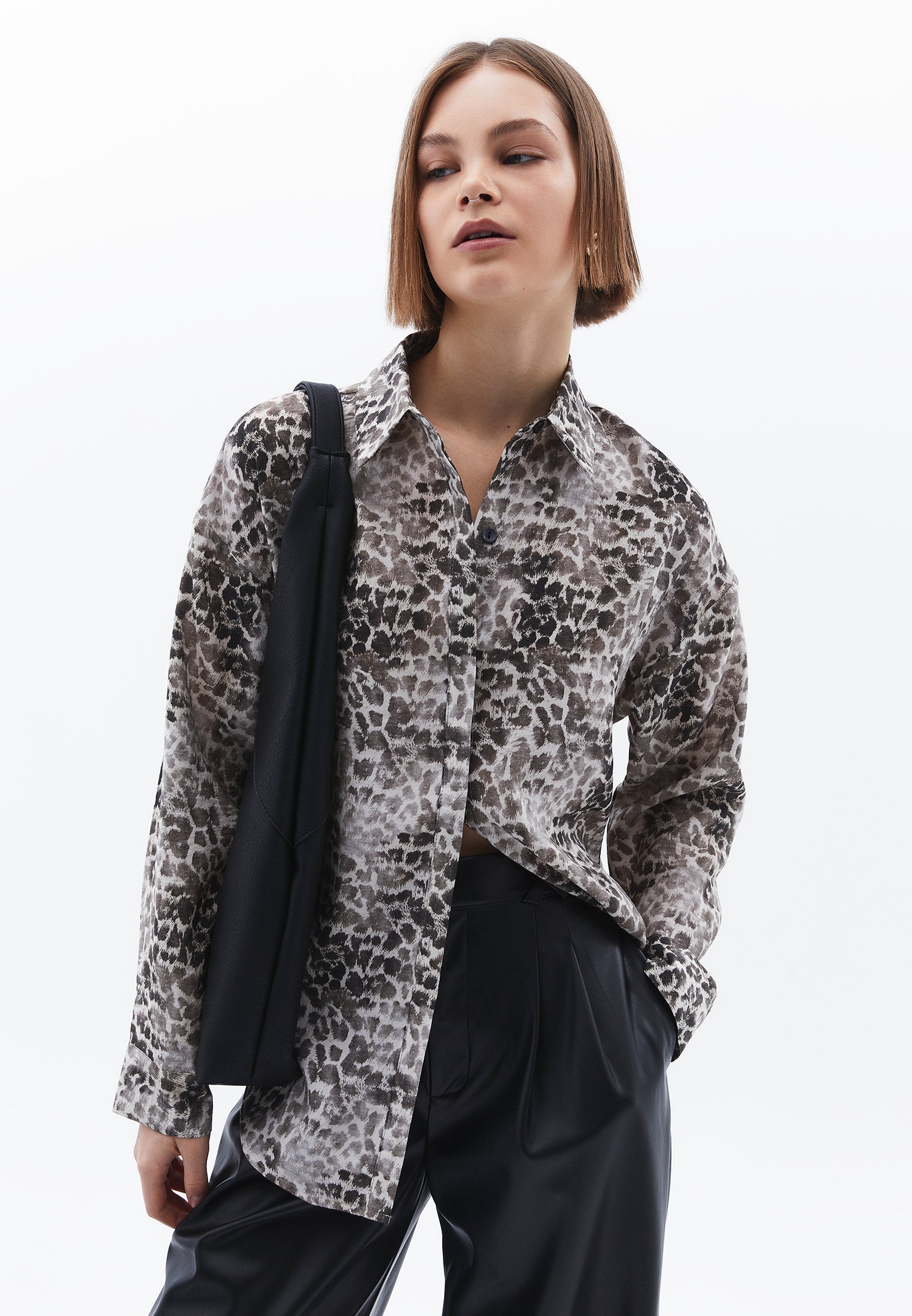 Animal Patterned Button Detailed Oversize Shirt - LEO COMB