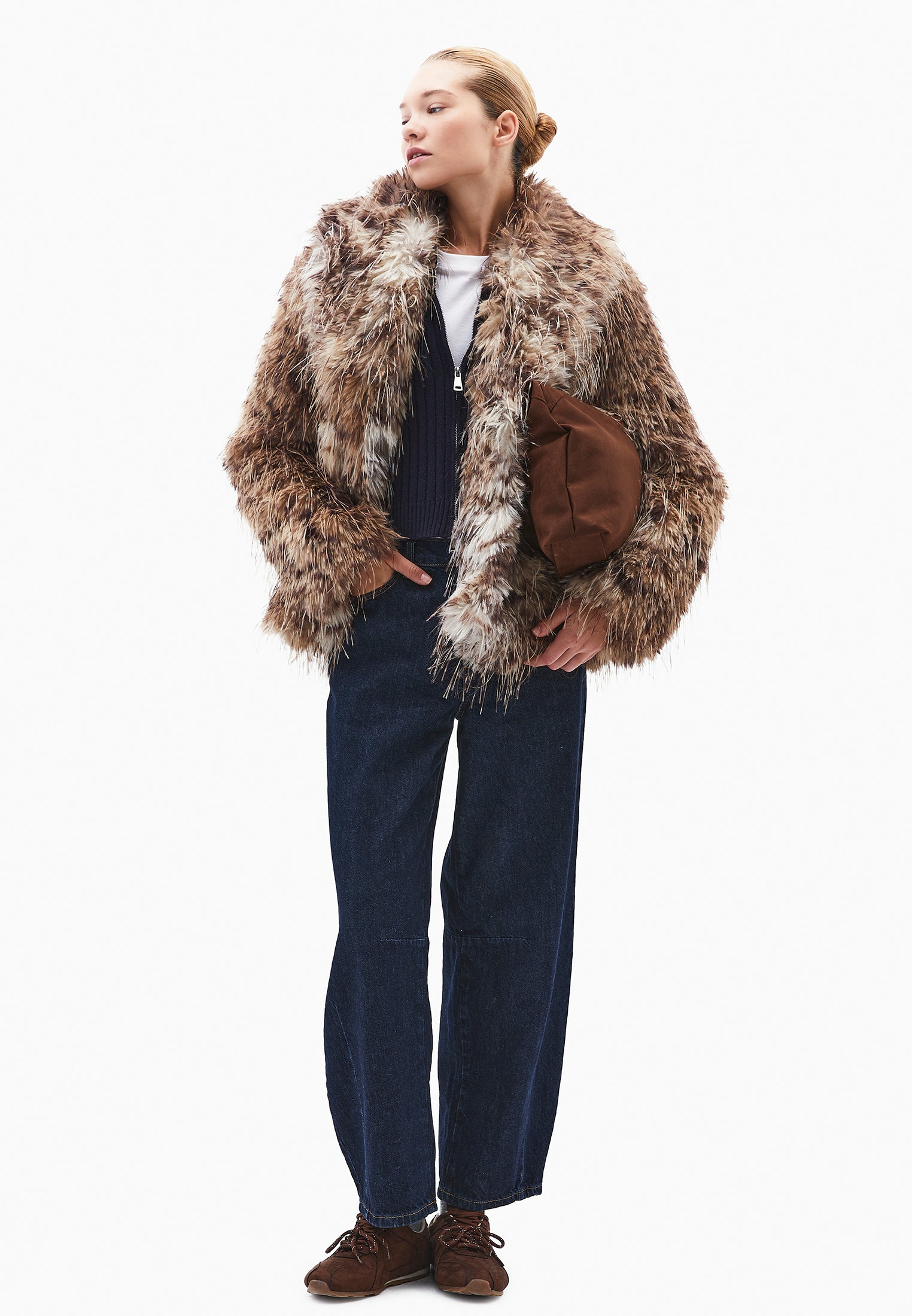 Shawl Collar Faux Fur Jacket - LEO COMB