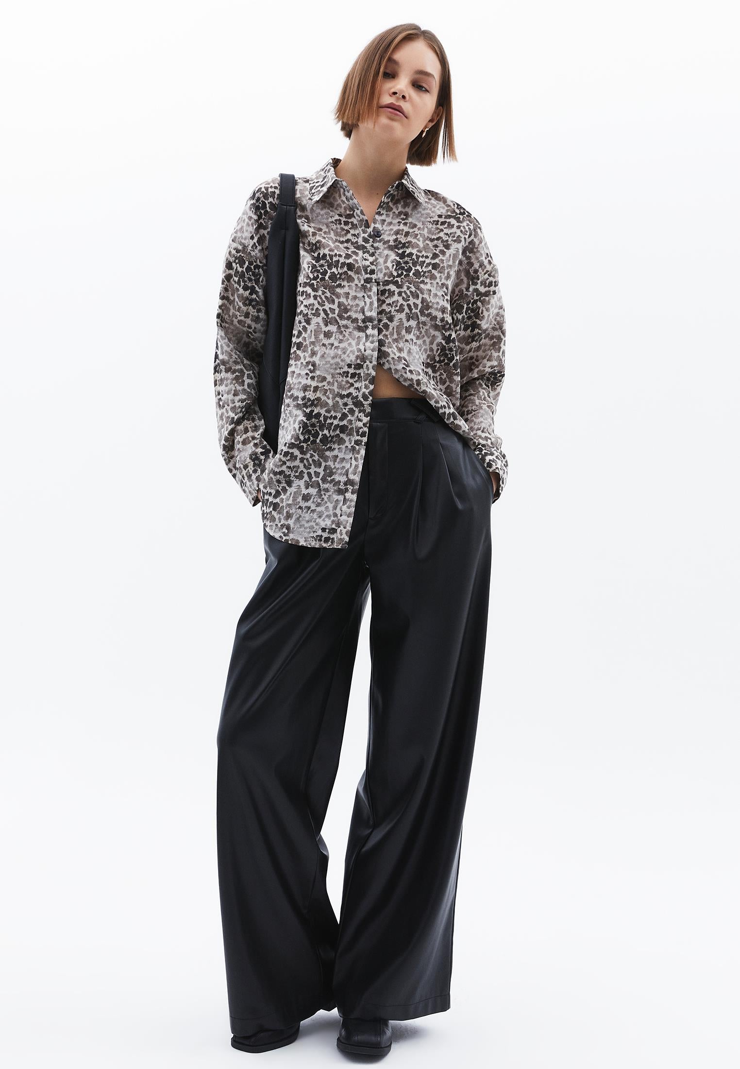 Animal Patterned Button Detailed Oversize Shirt - LEO COMB
