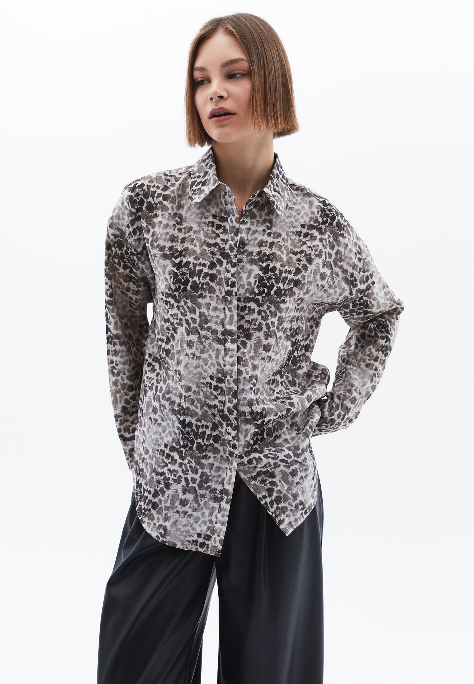 Animal Patterned Button Detailed Oversize Shirt - LEO COMB