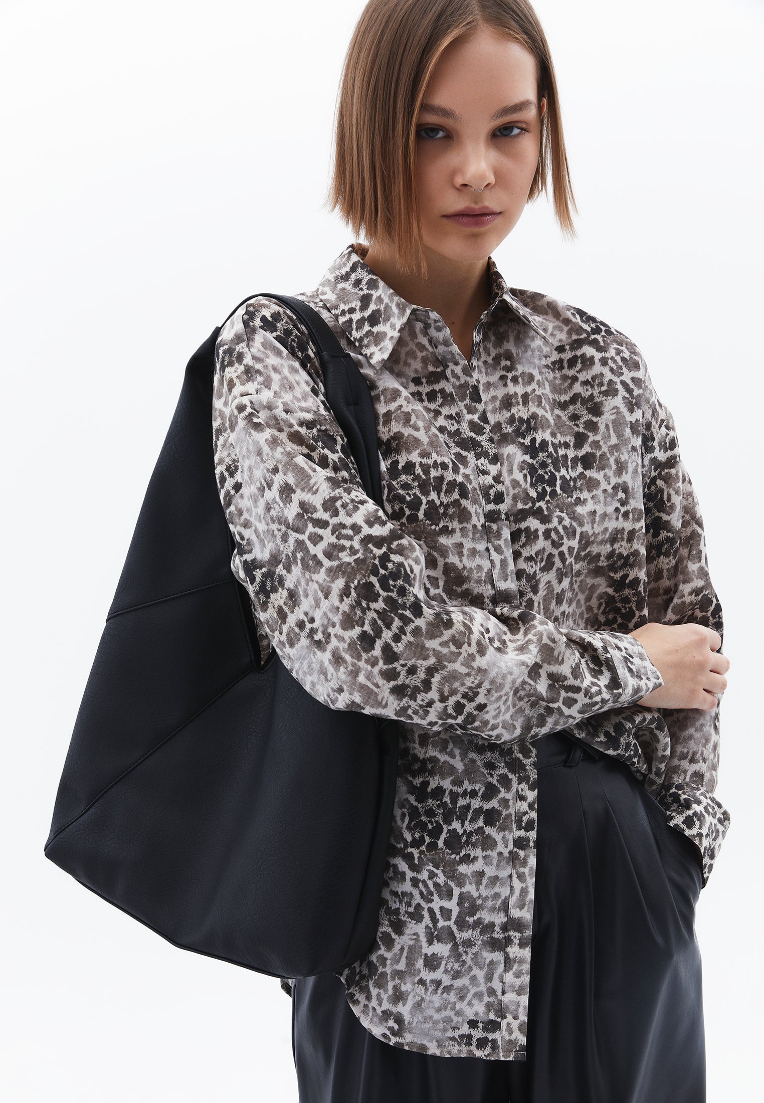 Animal Patterned Button Detailed Oversize Shirt - LEO COMB