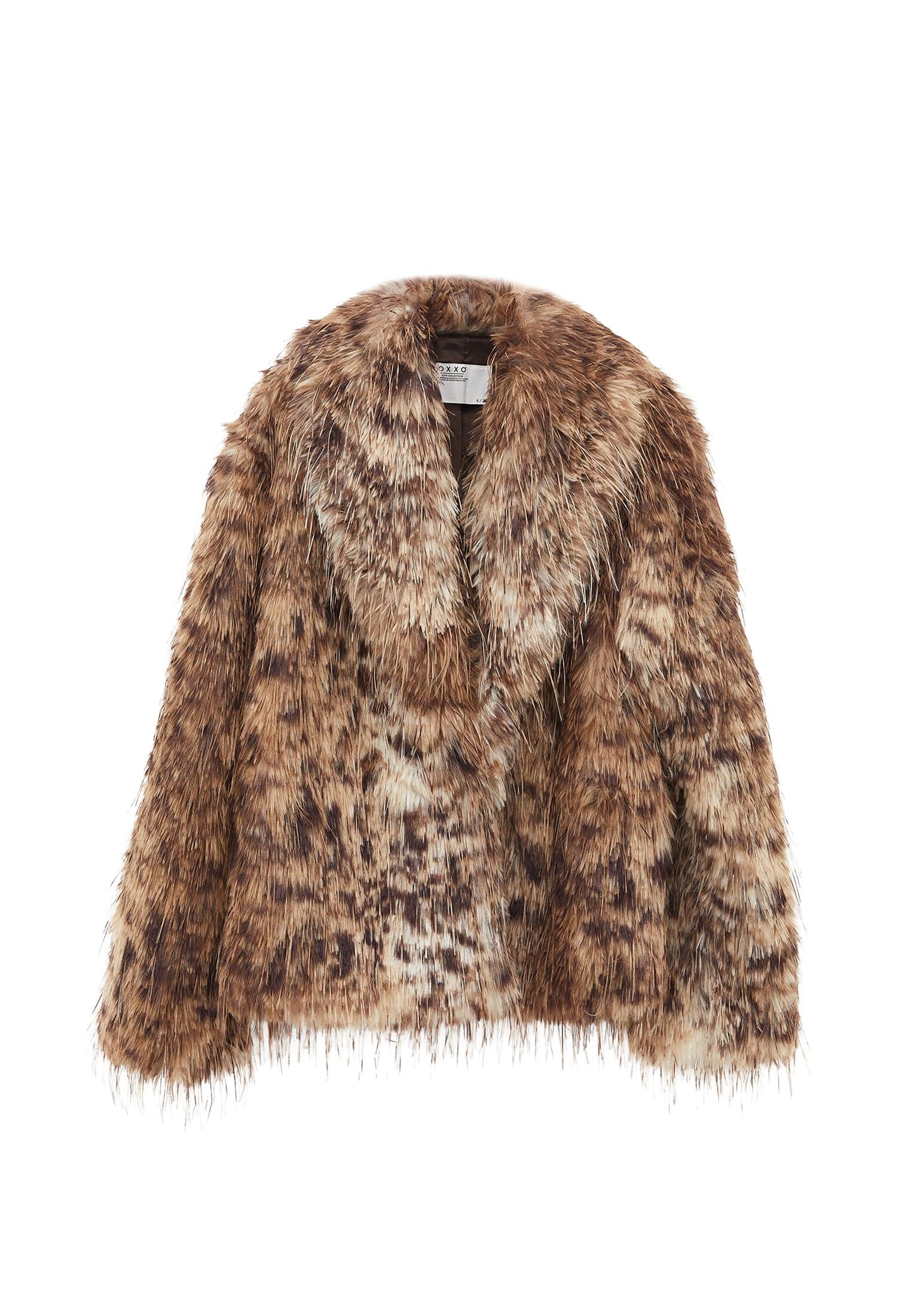 Shawl Collar Faux Fur Jacket - LEO COMB