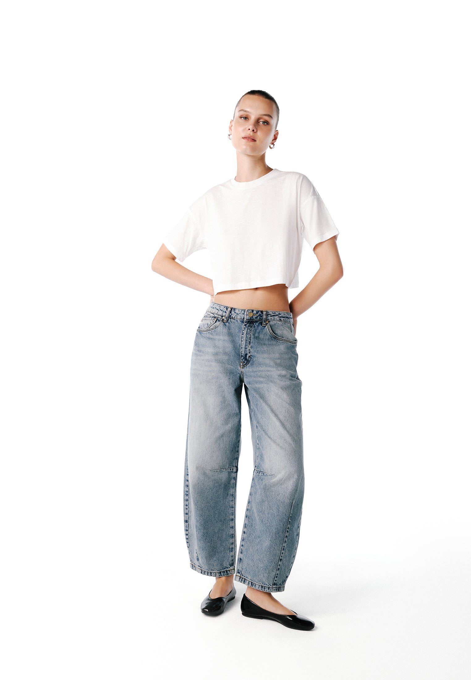 Barrel Leg Trousers With Cut Details - LIGHT BLUE DENIM