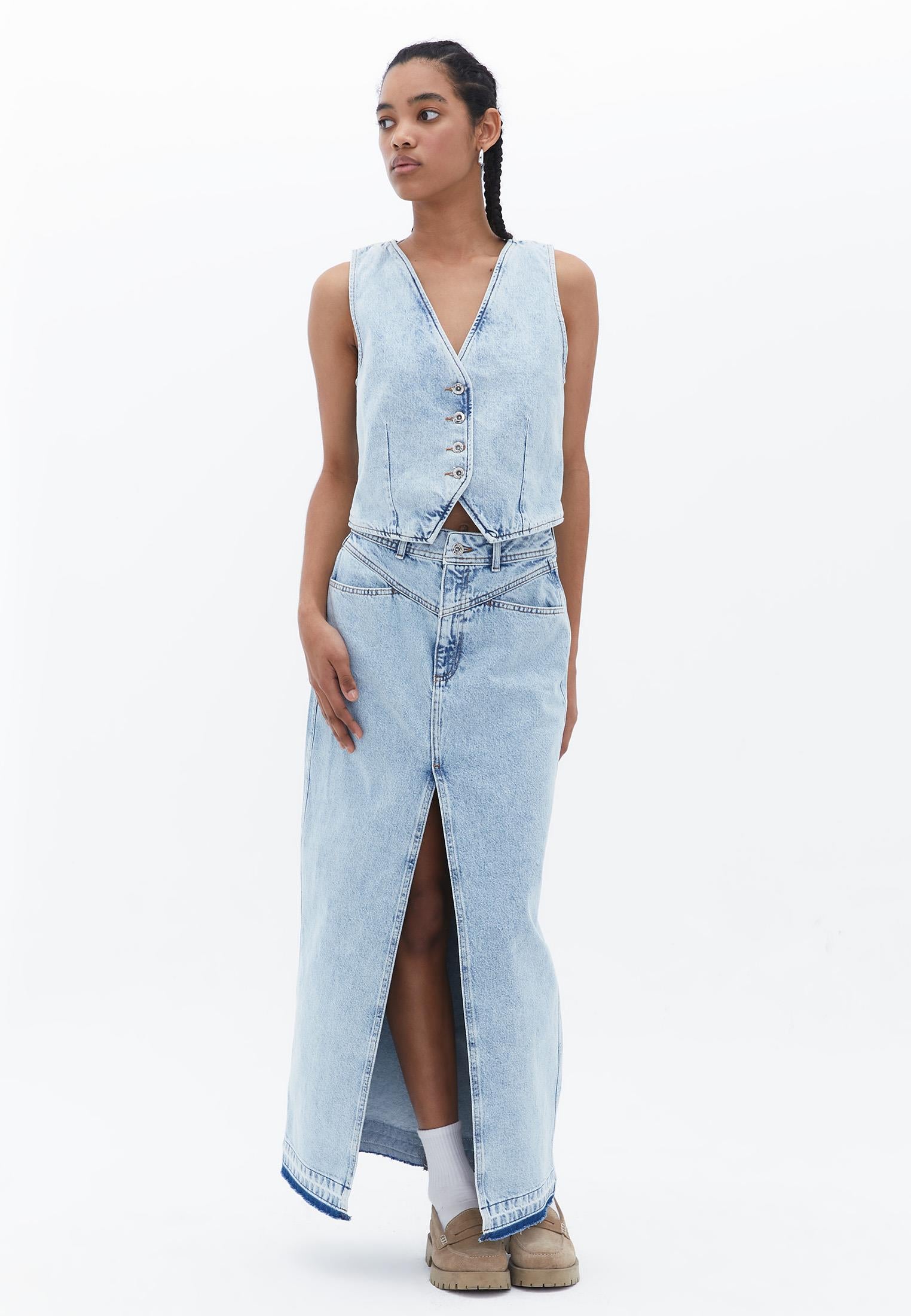 Long Skirt With Pocket Detail - LIGHT BLUE DENIM