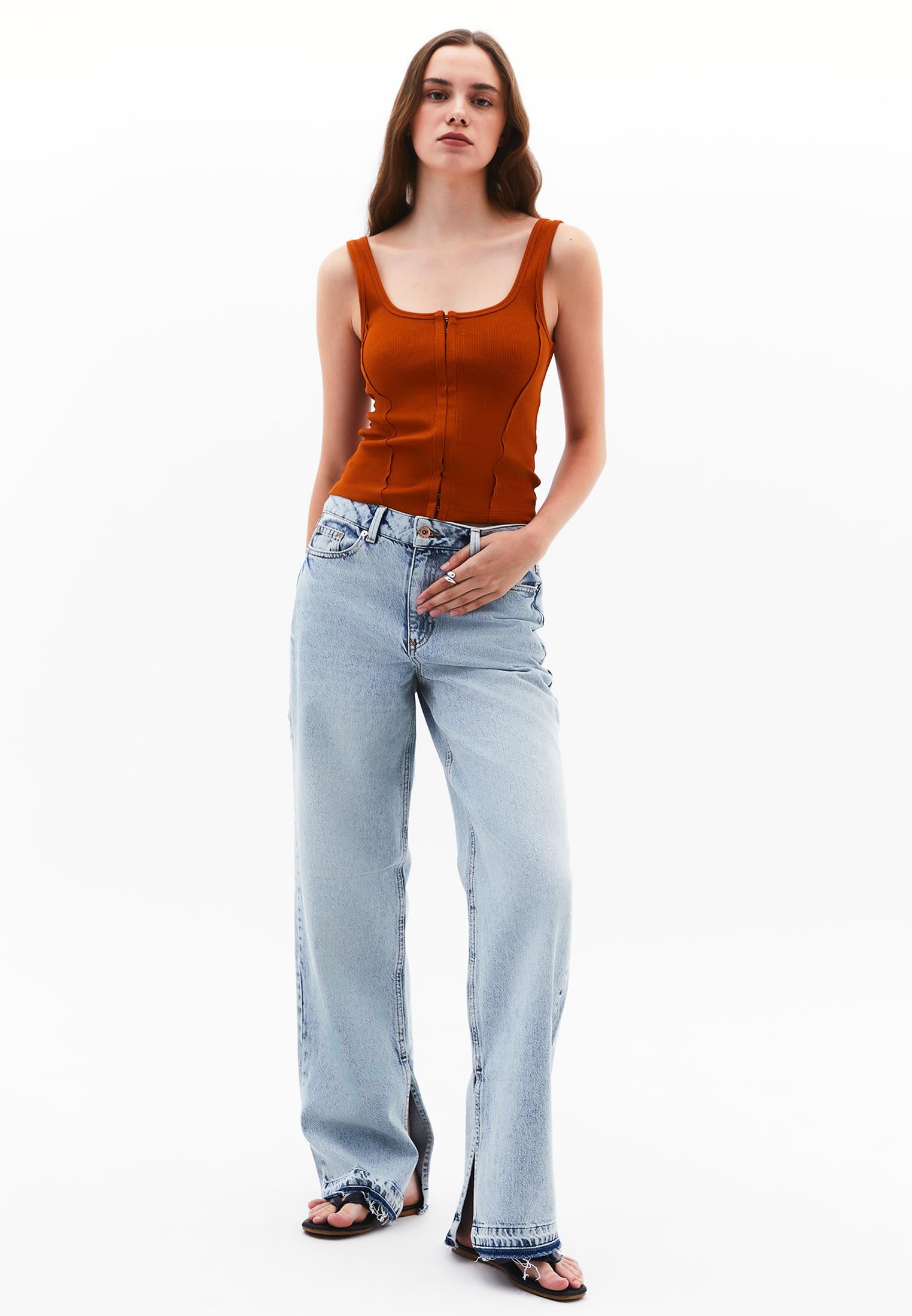 Denim Fabric Straight Leg Pants - LIGHT BLUE DENIM