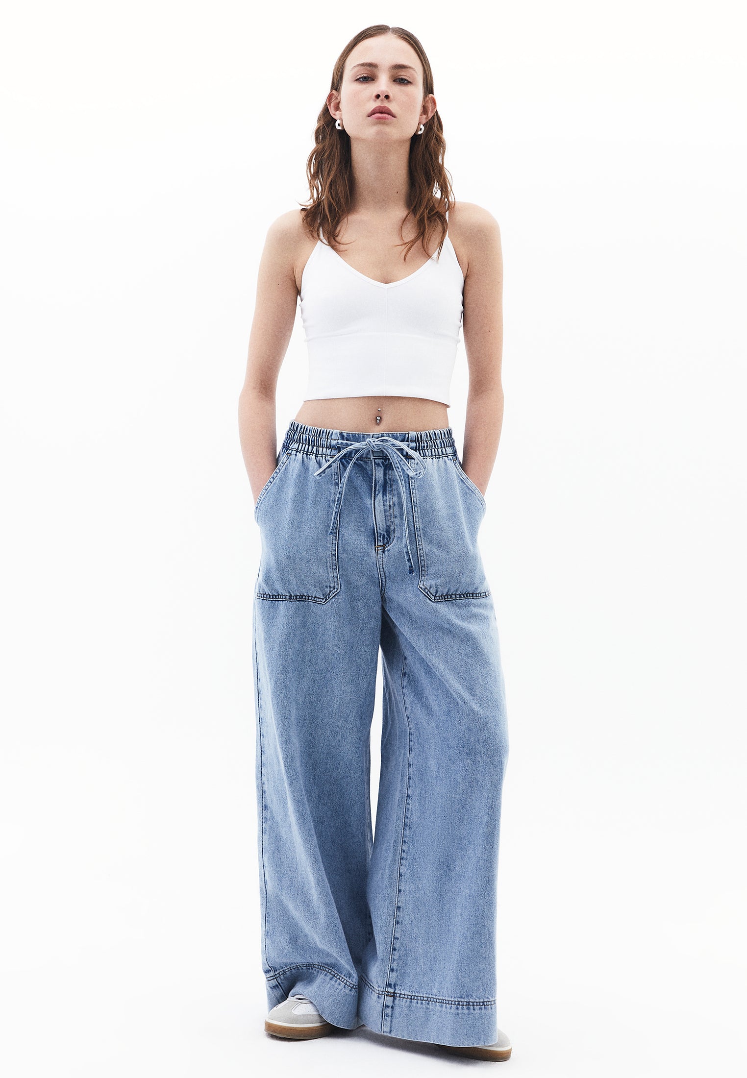 Elasticated High Waist Wide Leg Jeans - LIGHT BLUE DENIM