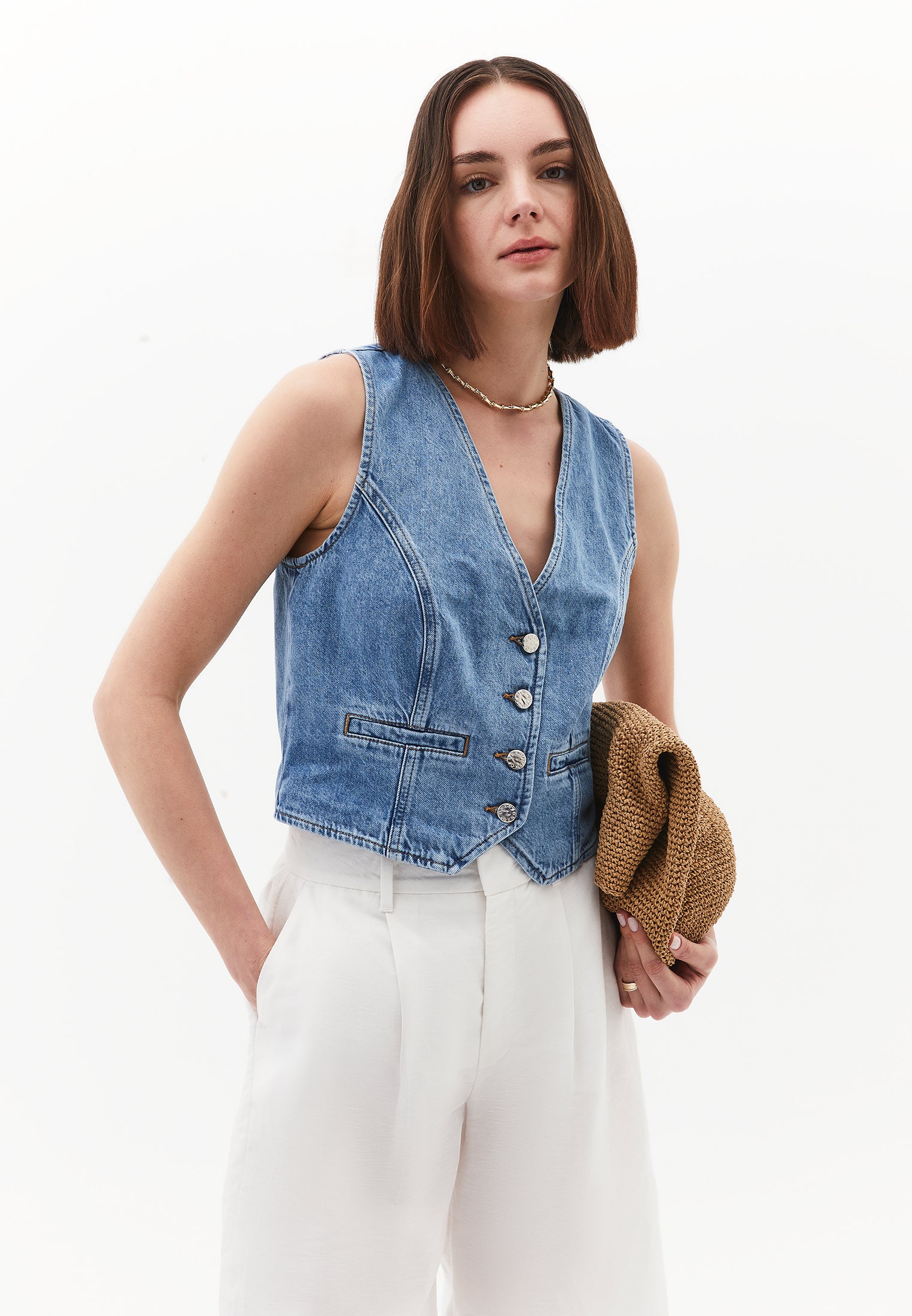 Sleeveless Vest With Button Details And V Neckline - LIGHT BLUE DENIM