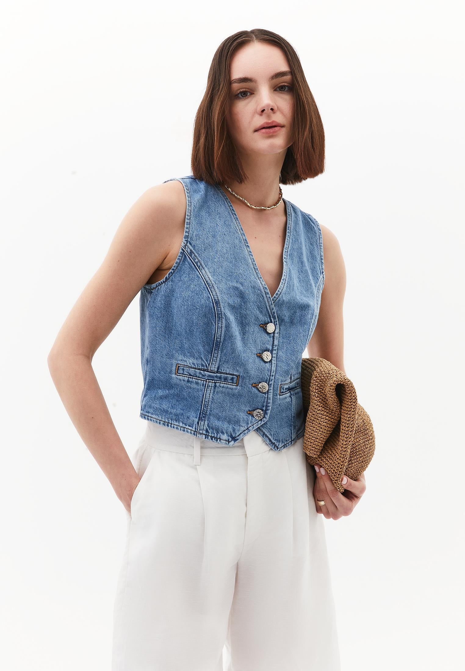 Sleeveless Vest With Button Details And V Neckline - LIGHT BLUE DENIM