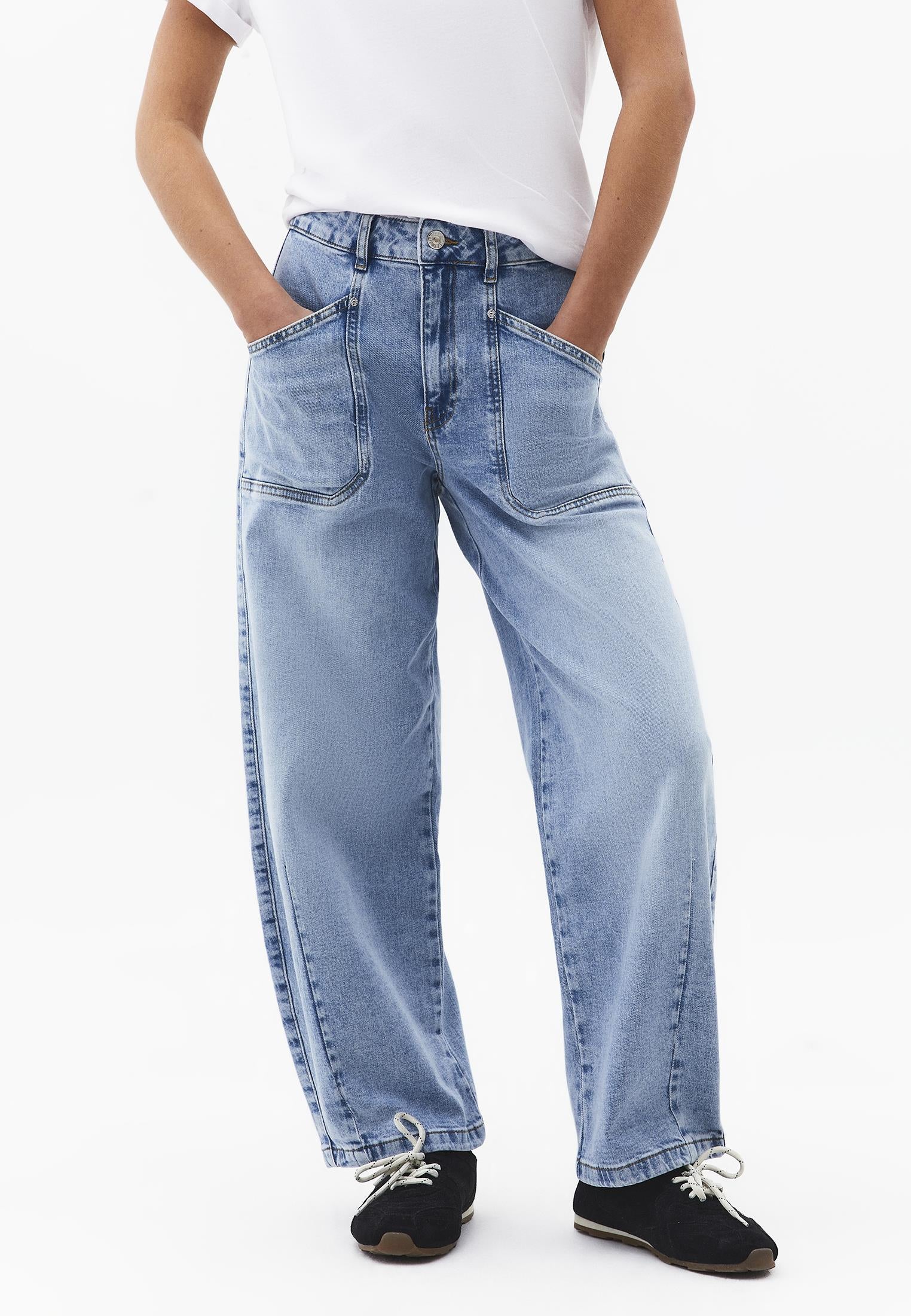 Pocket Detailed Barrel Leg Trousers - LIGHT BLUE DENIM