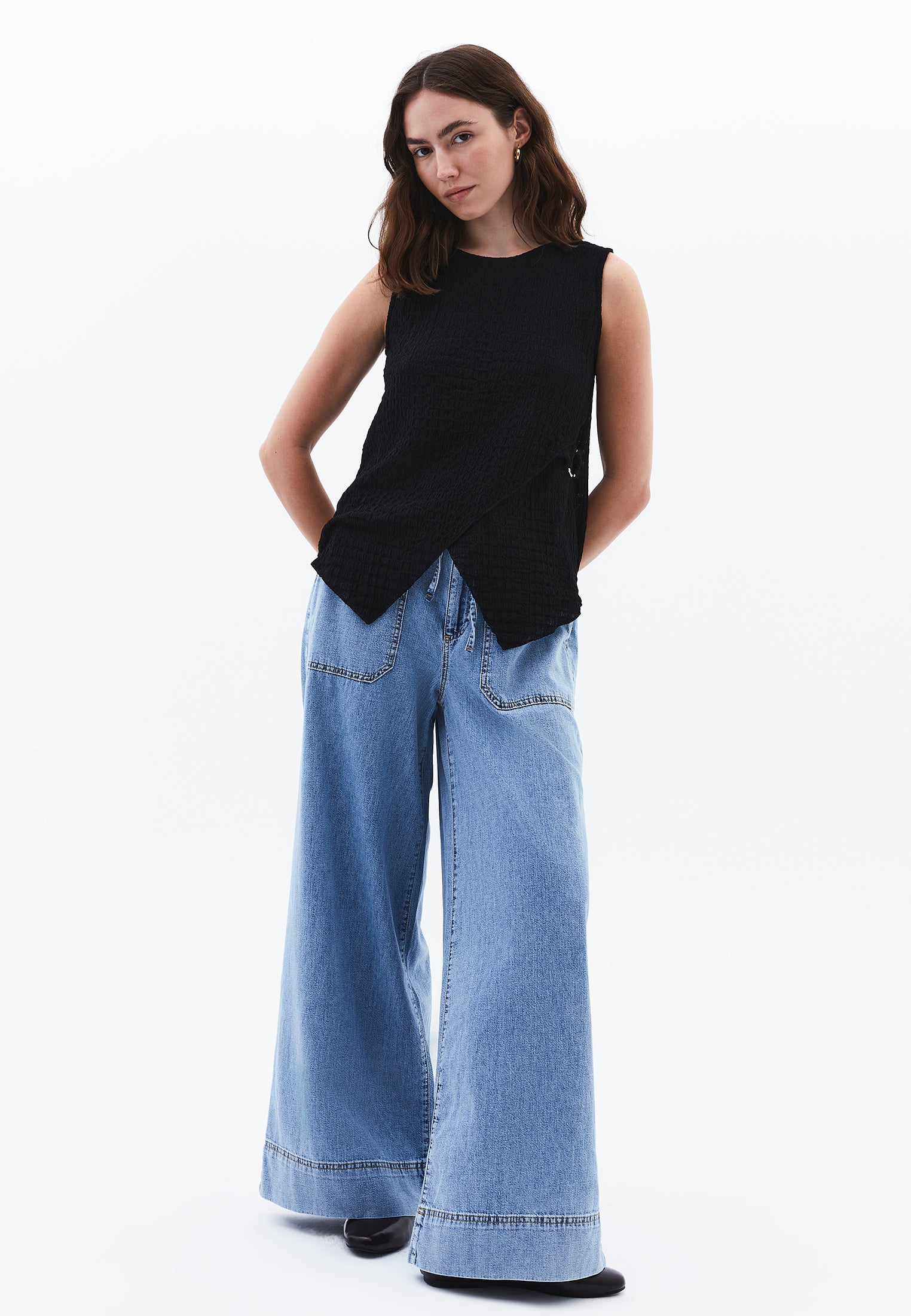 High Waist Wide Leg Long Denim Pants - LIGHT BLUE DENIM