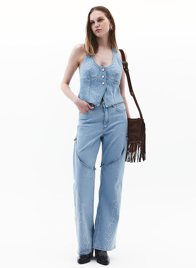 Embroidered High Waist Denim Pants - LIGHT BLUE DENIM