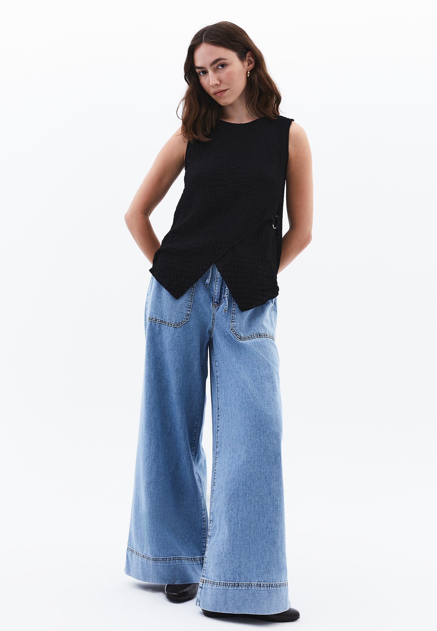 High Waist Wide Leg Long Denim Pants - LIGHT BLUE DENIM
