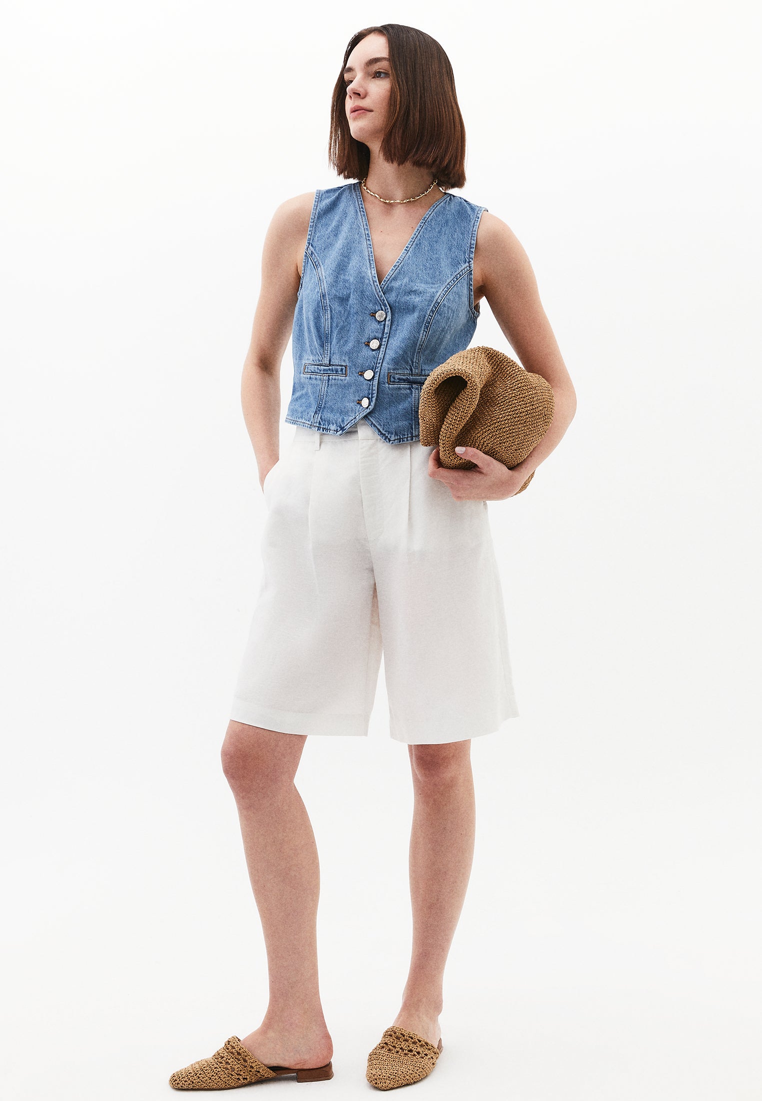Sleeveless Vest With Button Details And V Neckline - LIGHT BLUE DENIM