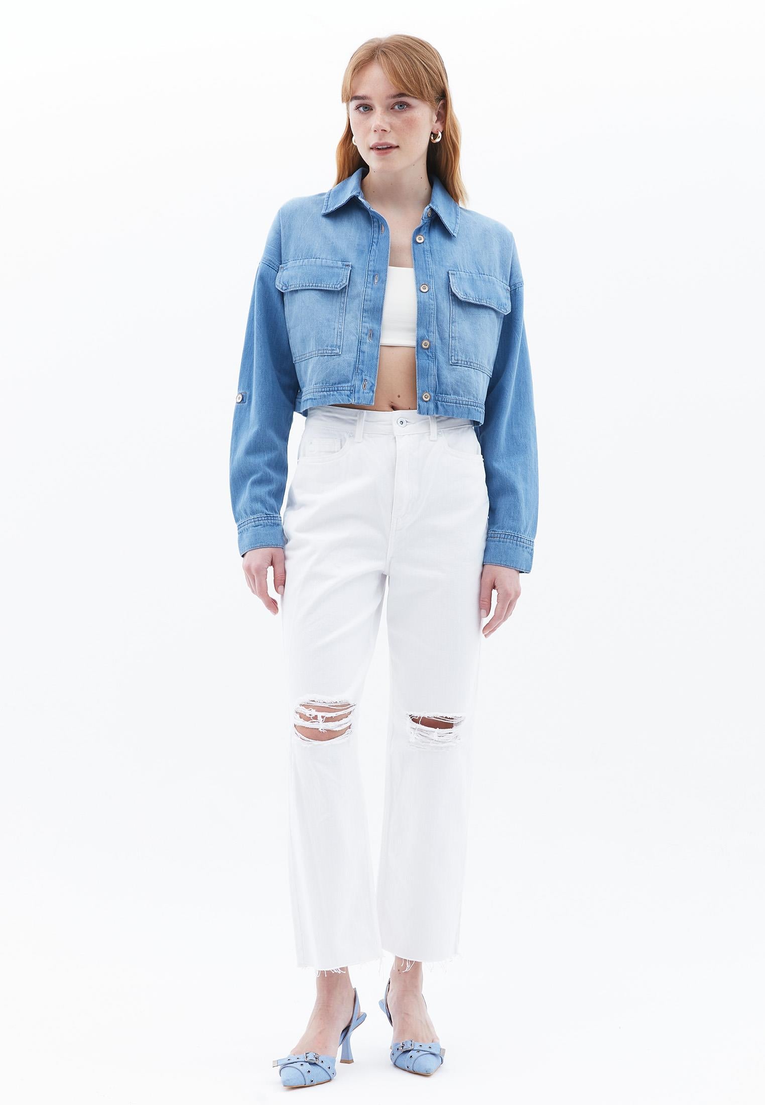 Cotton Shirt With Pockets - LIGHT BLUE DENIM