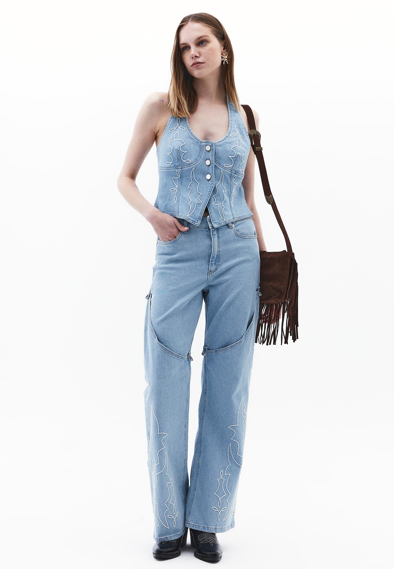 Halter Neck Denim Vest - LIGHT BLUE DENIM