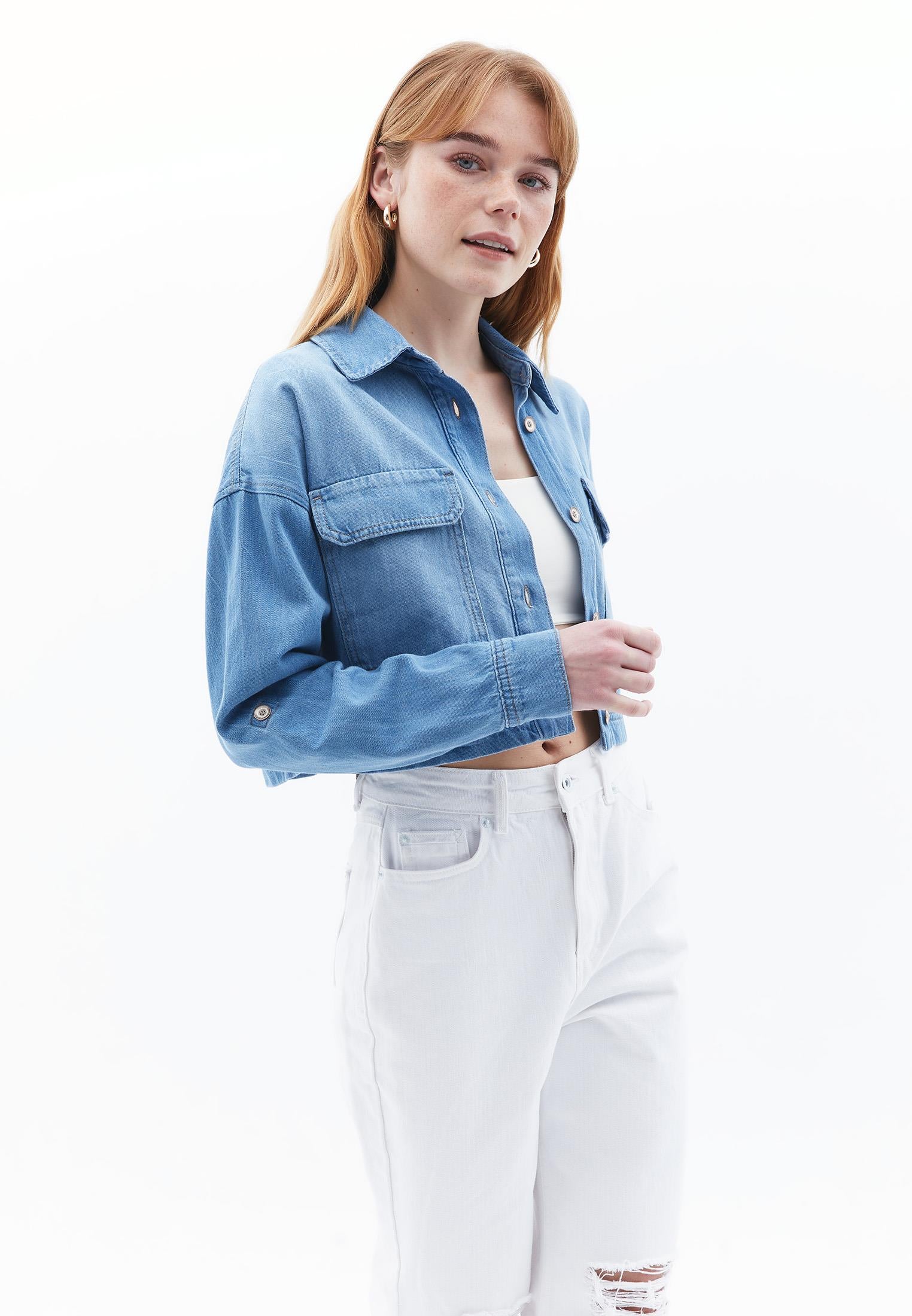 Cotton Shirt With Pockets - LIGHT BLUE DENIM
