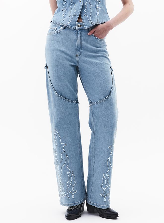 Embroidered High Waist Denim Pants - LIGHT BLUE DENIM