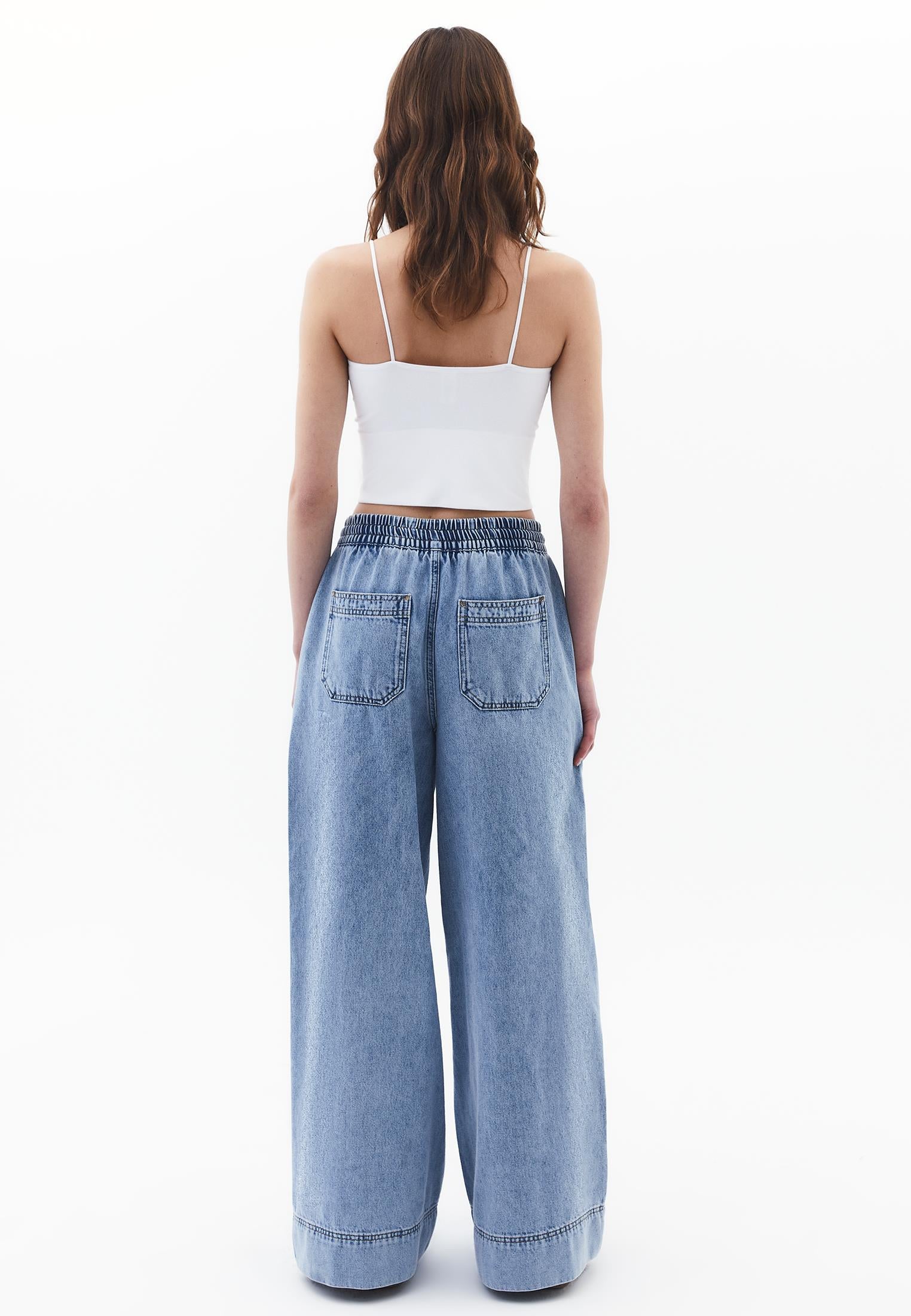 Elasticated High Waist Wide Leg Jeans - LIGHT BLUE DENIM