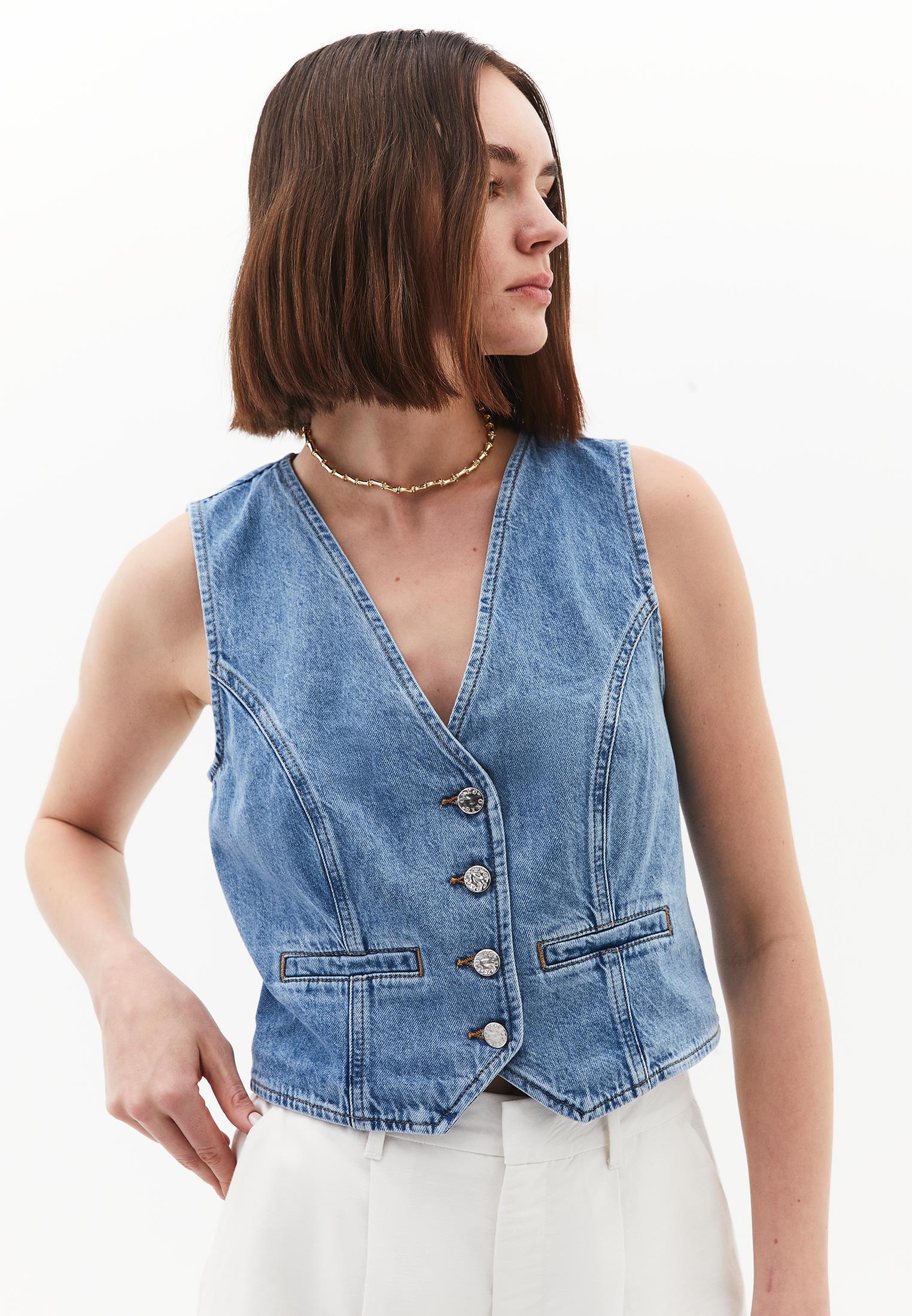 Sleeveless Vest With Button Details And V Neckline - LIGHT BLUE DENIM