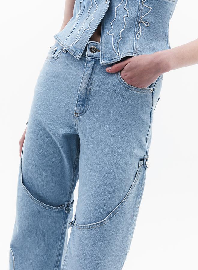 Embroidered High Waist Denim Pants - LIGHT BLUE DENIM