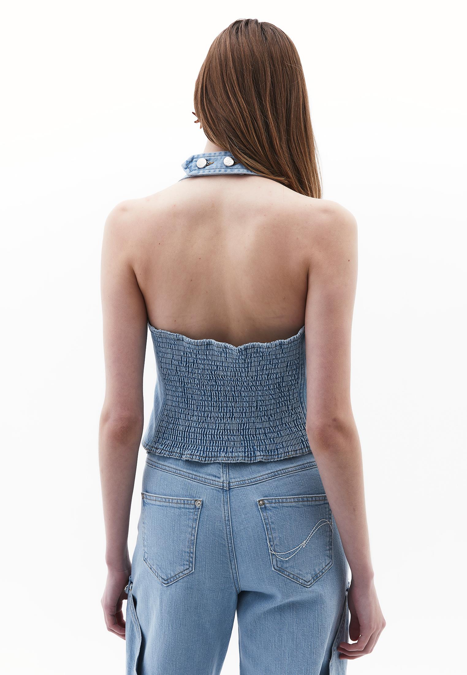 Halter Neck Denim Vest - LIGHT BLUE DENIM