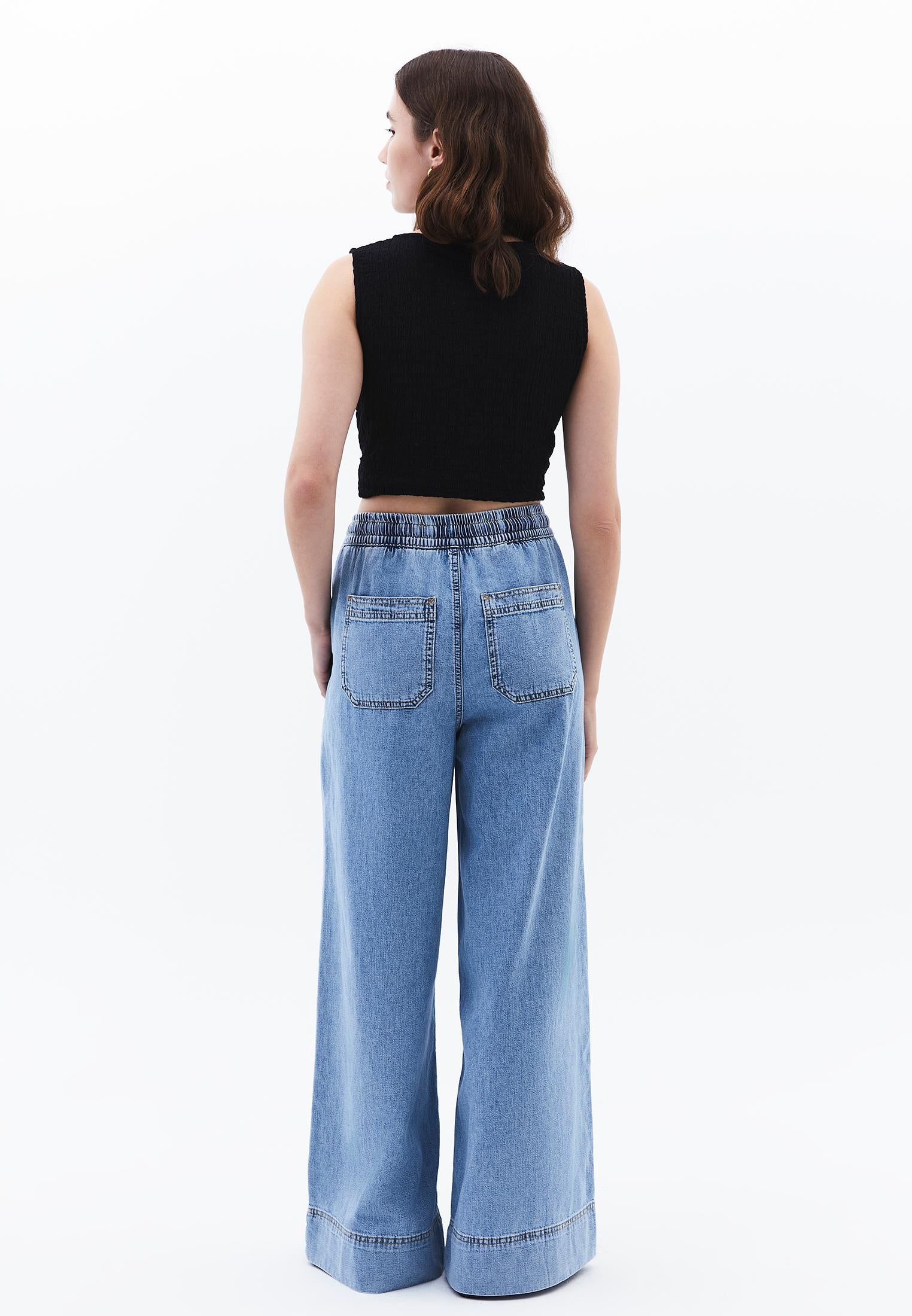 High Waist Wide Leg Long Denim Pants - LIGHT BLUE DENIM