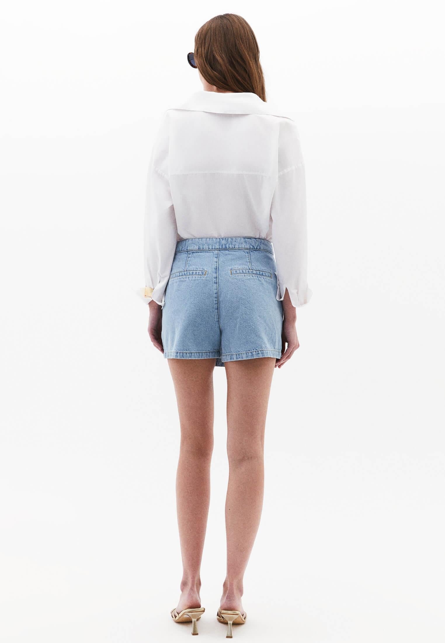 High Waist A-Line Denim Shorts - LIGHT BLUE DENIM