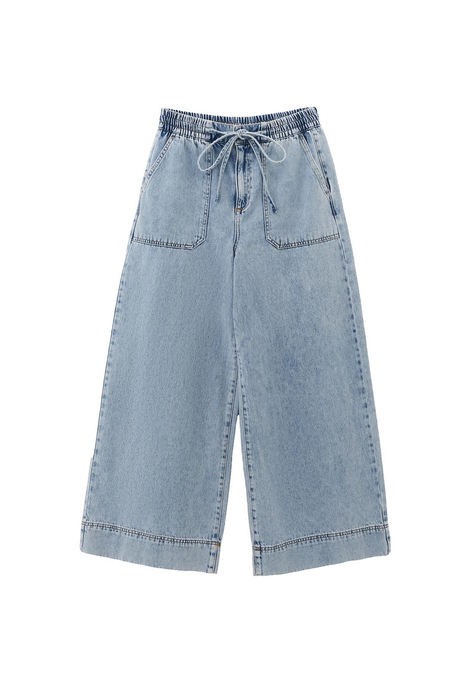 Elasticated High Waist Wide Leg Jeans - LIGHT BLUE DENIM