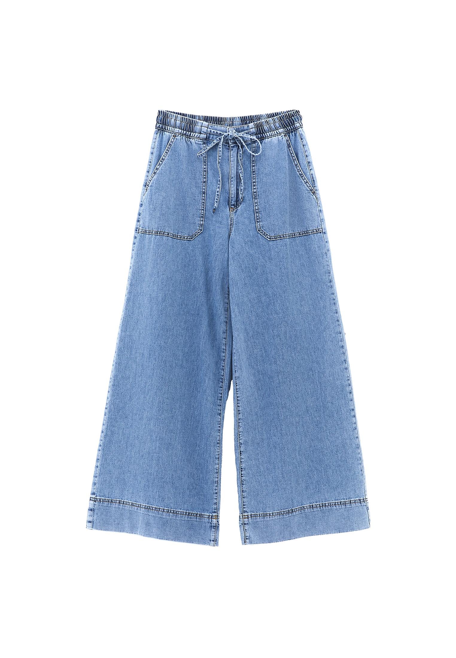 High Waist Wide Leg Long Denim Pants - LIGHT BLUE DENIM