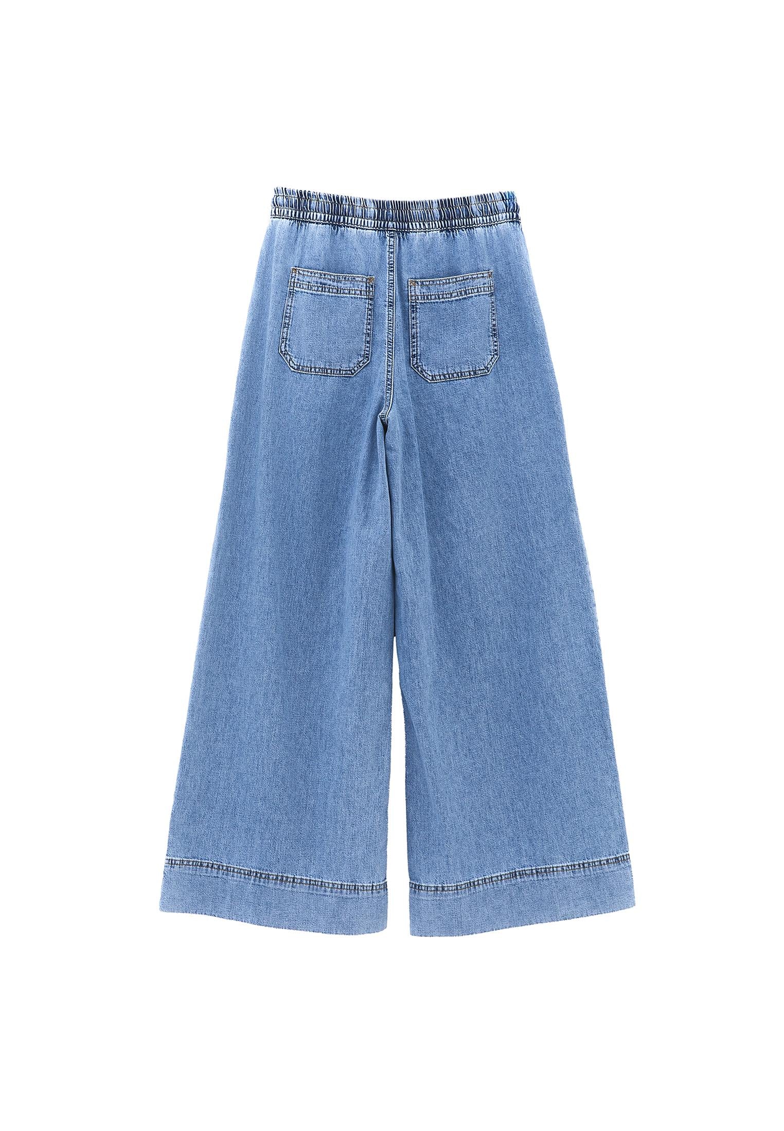 High Waist Wide Leg Long Denim Pants - LIGHT BLUE DENIM