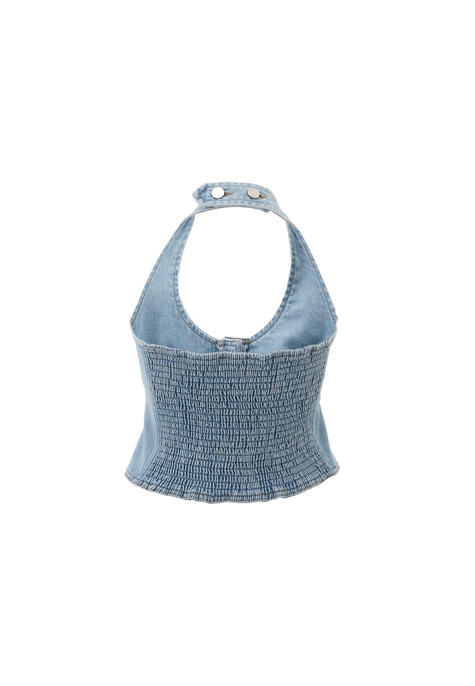 Halter Neck Denim Vest - LIGHT BLUE DENIM