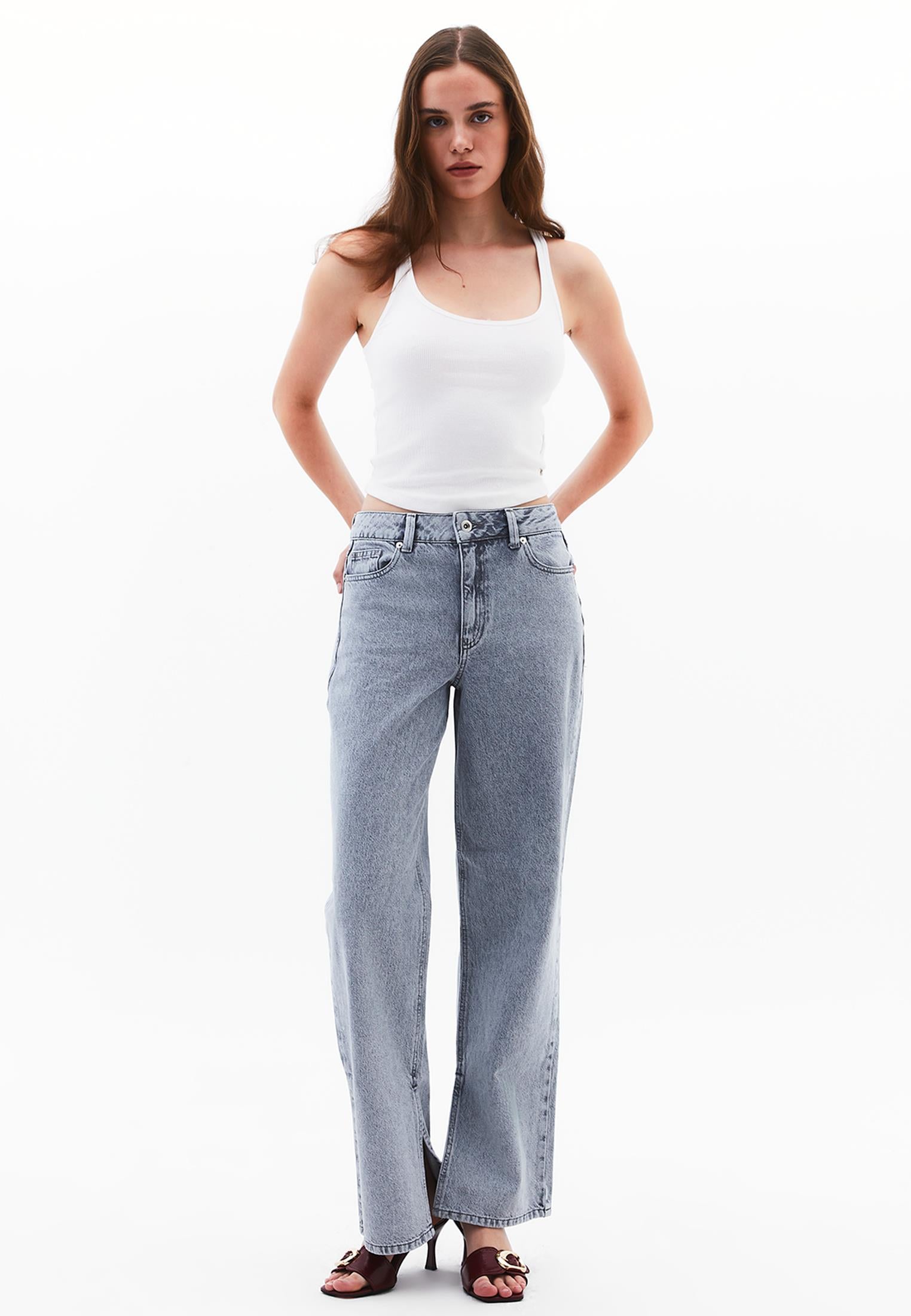 Straight Leg Five Pocket Denim Pants - LIGHT GREY DENIM