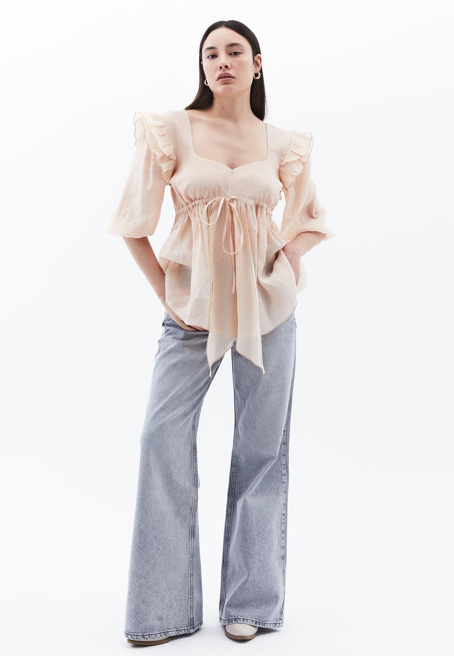 Wide Leg Pants High Waist Five Pockets - LIGHT GREY DENIM