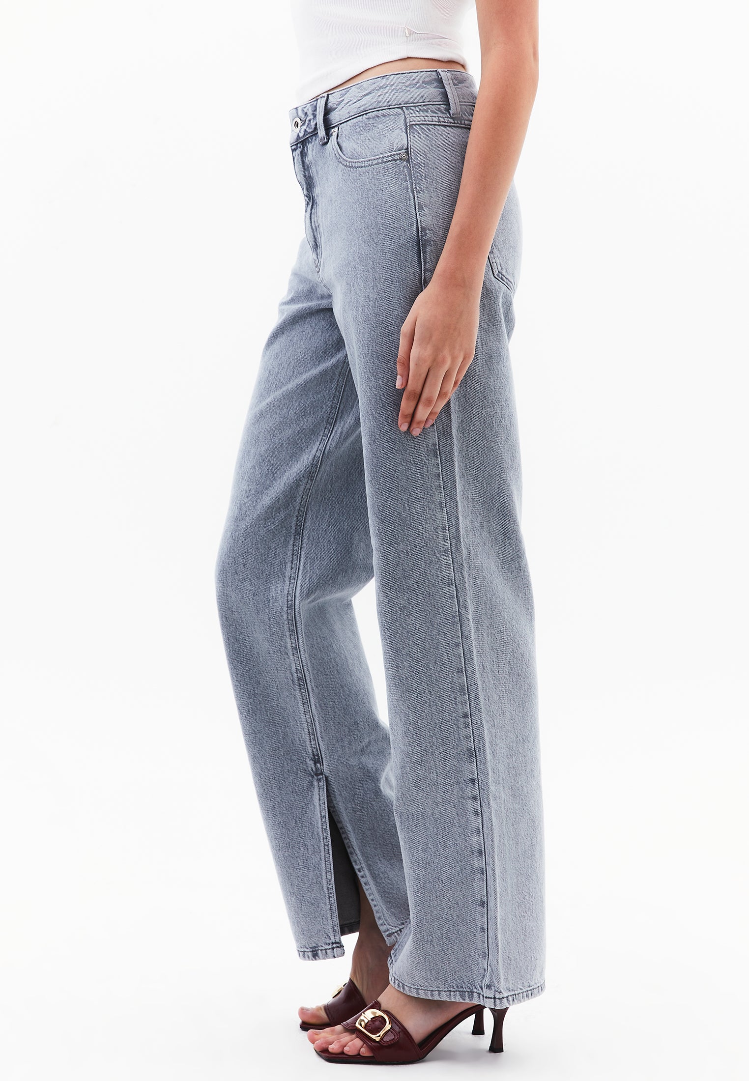 Straight Leg Five Pocket Denim Pants - LIGHT GREY DENIM