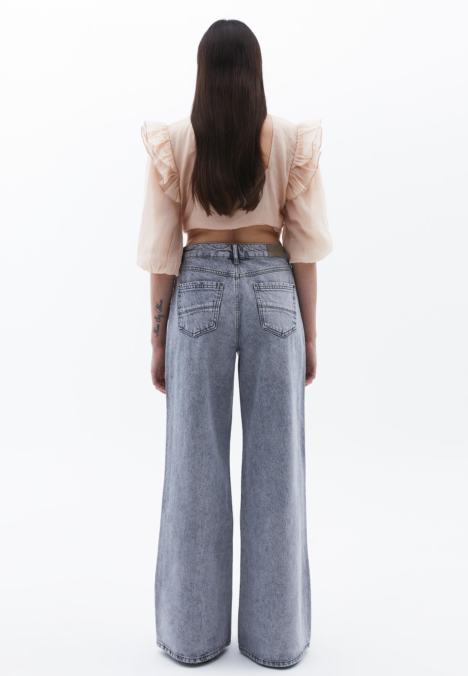 Wide Leg Pants High Waist Five Pockets - LIGHT GREY DENIM