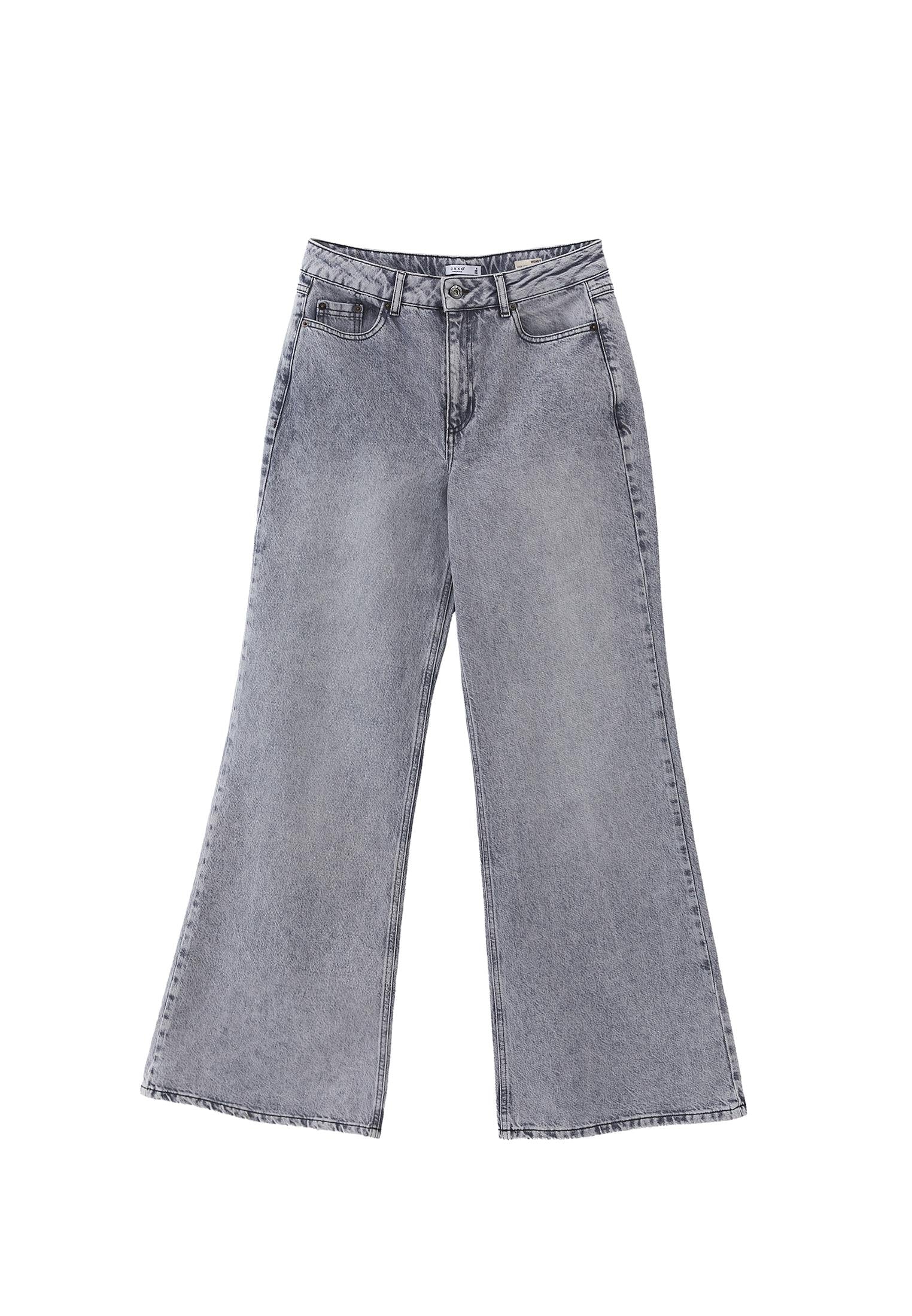 Wide Leg Pants High Waist Five Pockets - LIGHT GREY DENIM