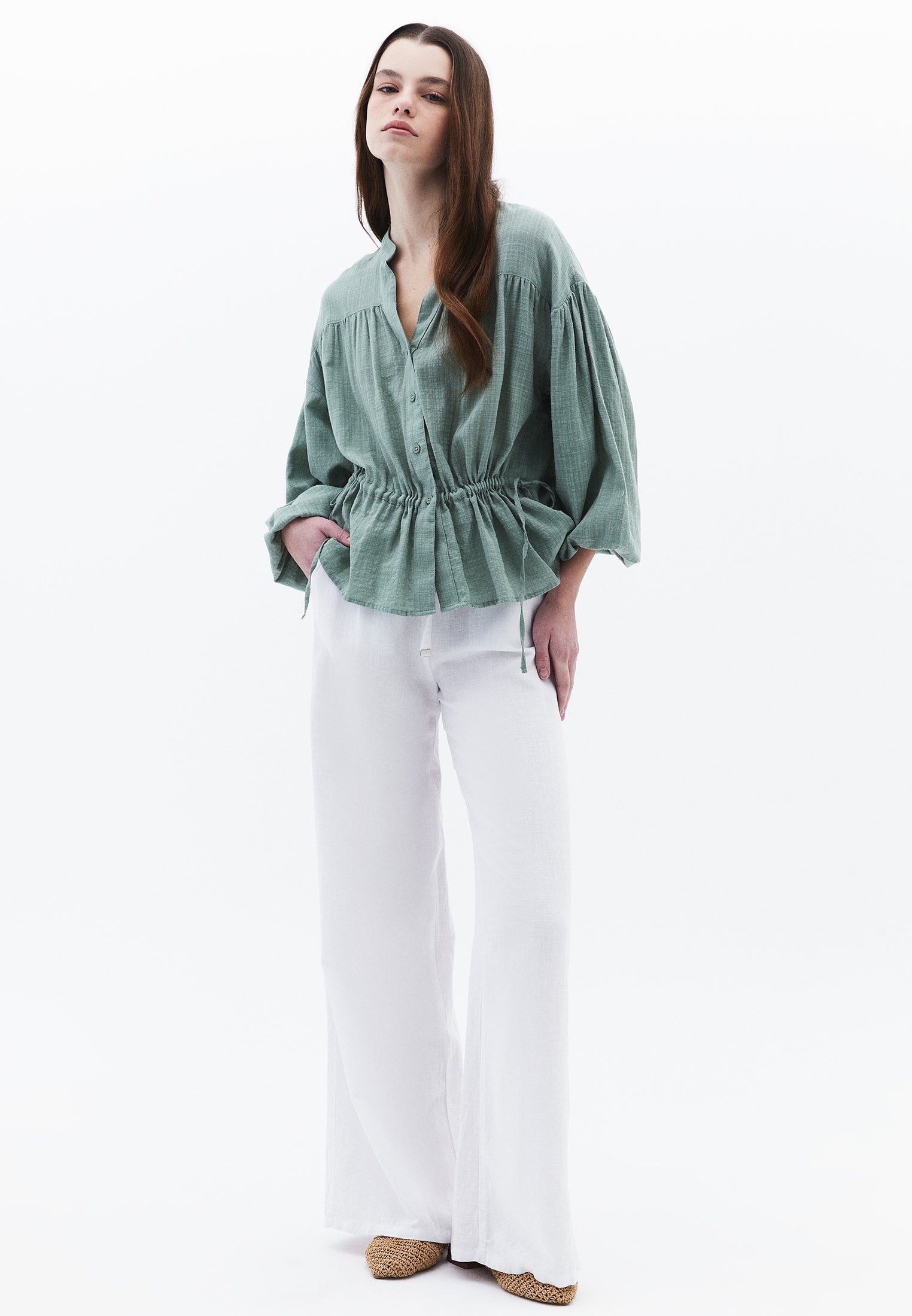 Balloon Sleeve Cotton Shirt - LILY PAD