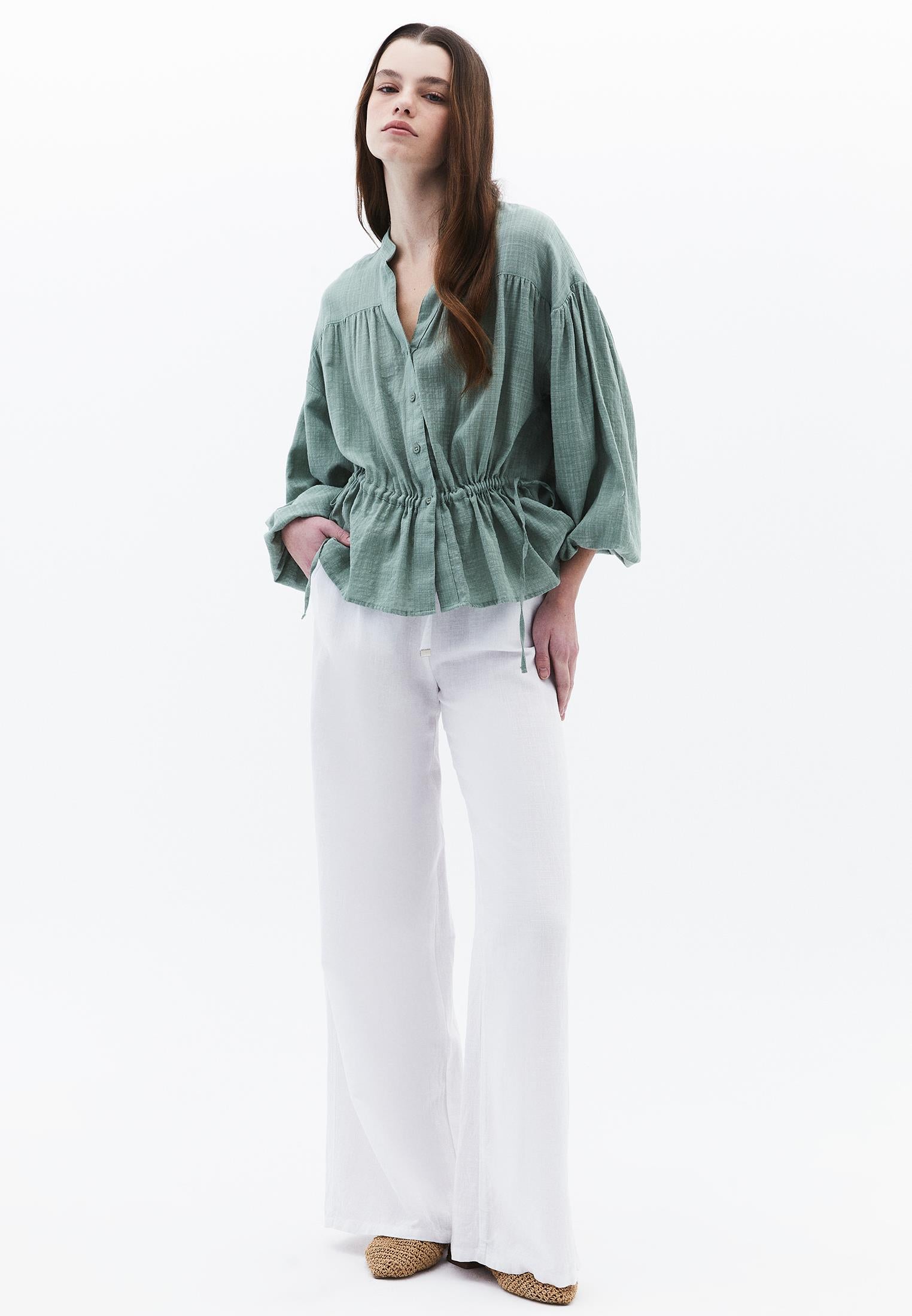 Balloon Sleeve Cotton Shirt - LILY PAD