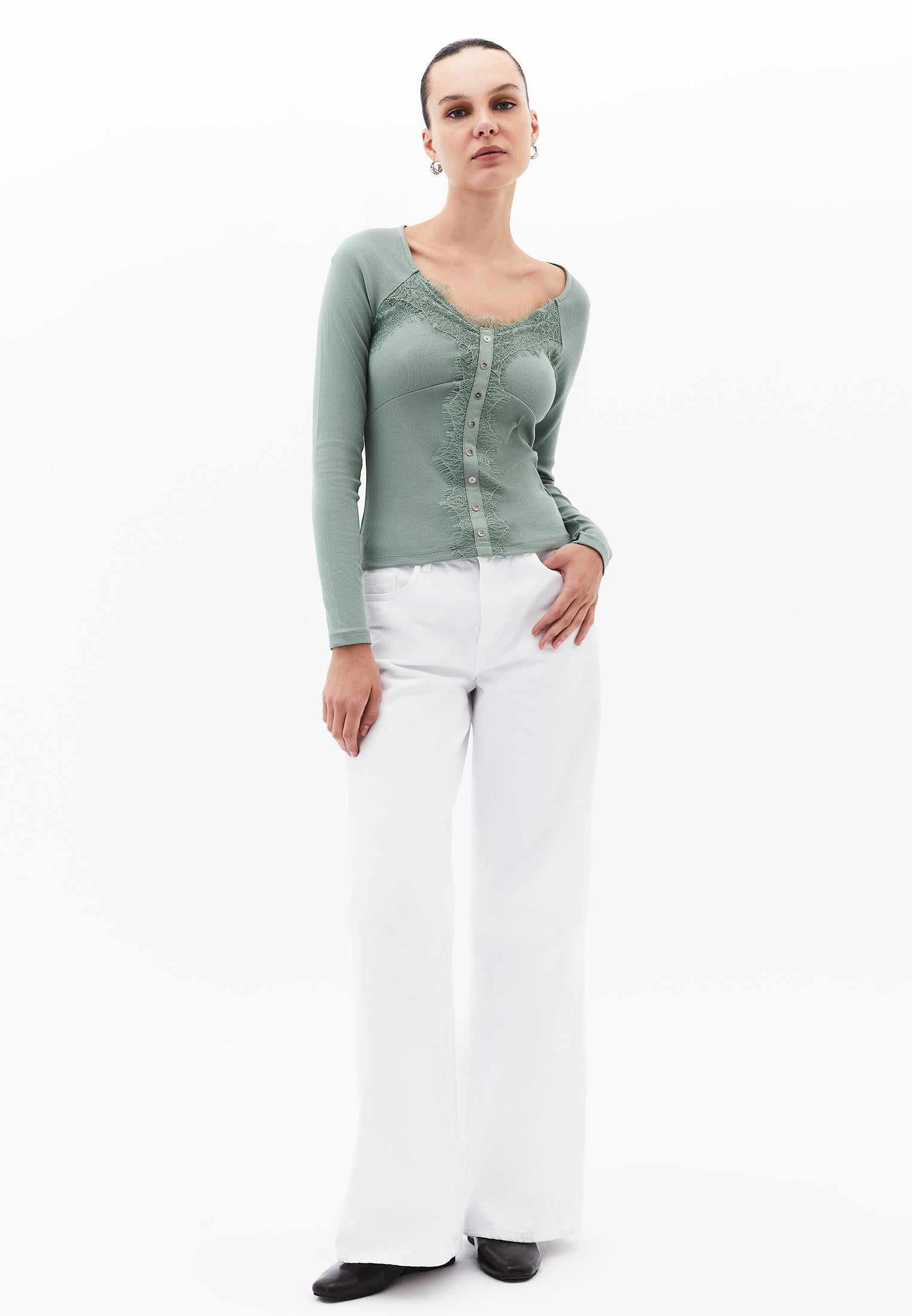 Ribbed Fabric Button Detailed V Neck Long Sleeve T-Shirt - LILY PAD