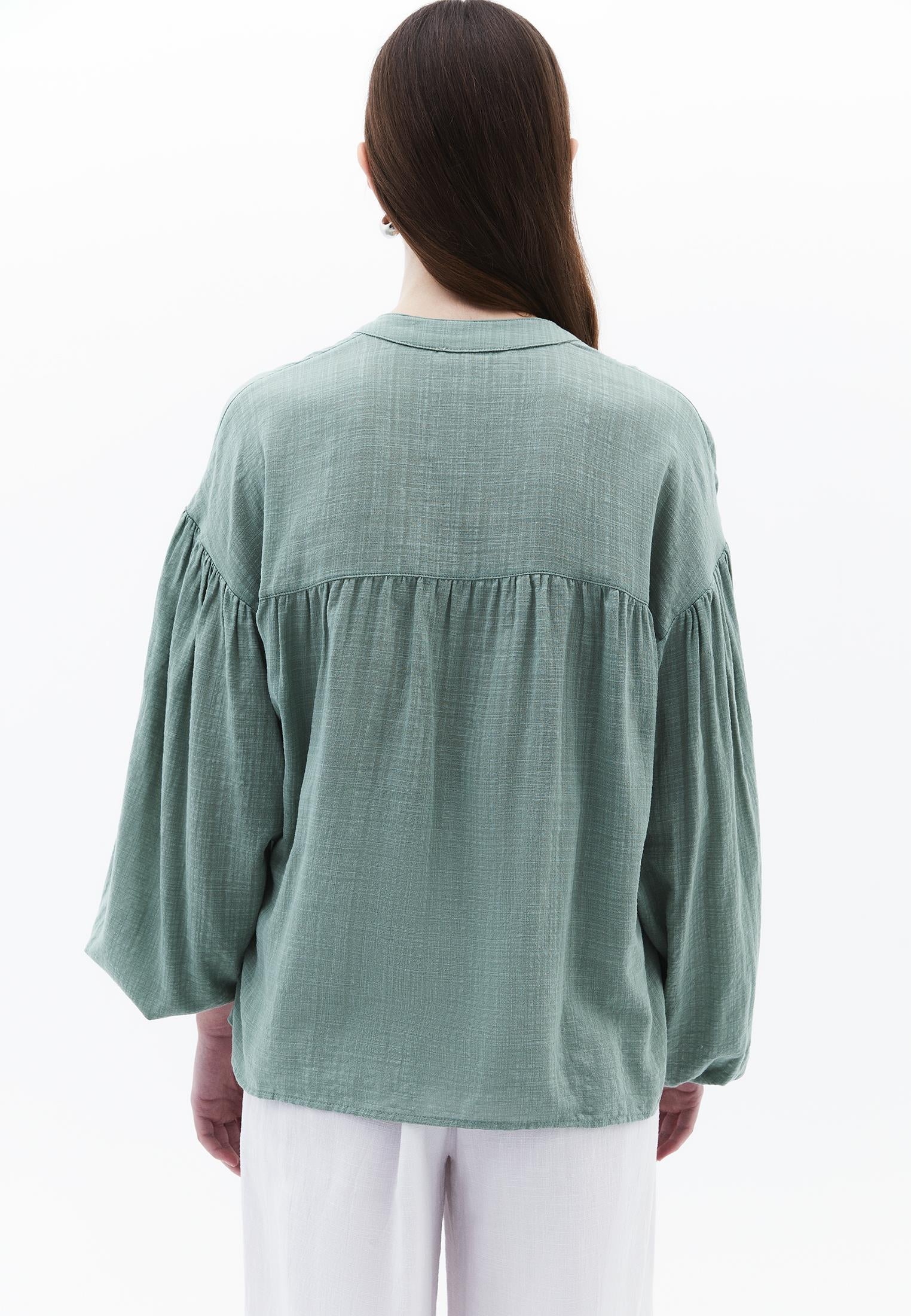 Balloon Sleeve Cotton Shirt - LILY PAD